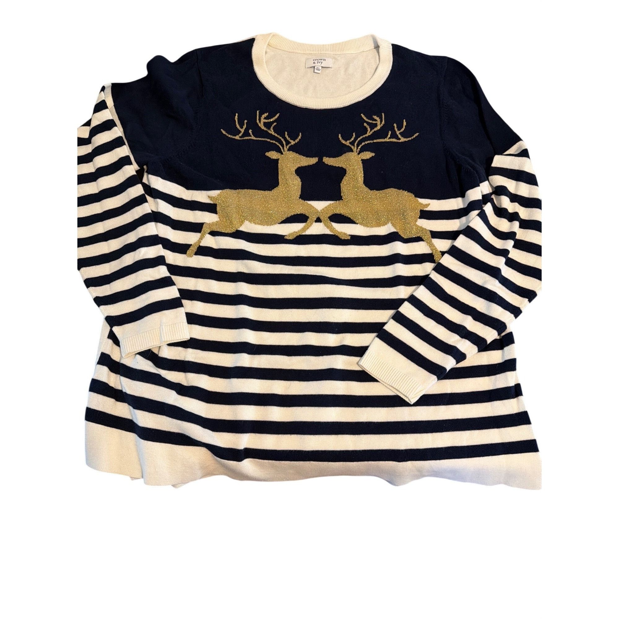 Other Crown & Ivy Navy Blue White Striped Sweater Gold Reindeer Cr Size XL / US 12-14 / IT 48-50 - 1 Thumbnail