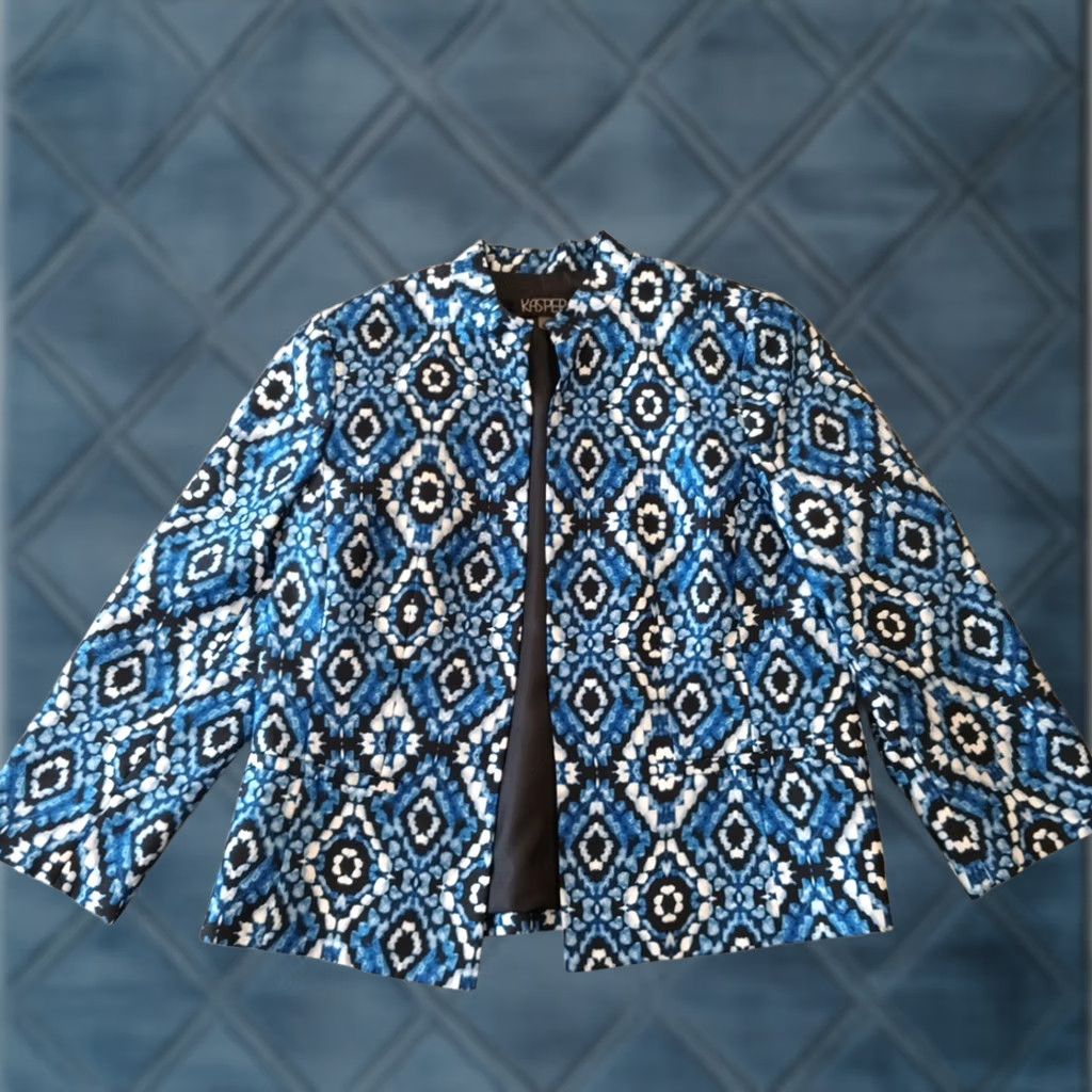 Kasper Kasper Blazer Women 10P Blue Geometric Lined Notch Lapel Single-Breasted Long Sleeve Jacket Suit Size L / US 10 / IT 46 - 1 Thumbnail