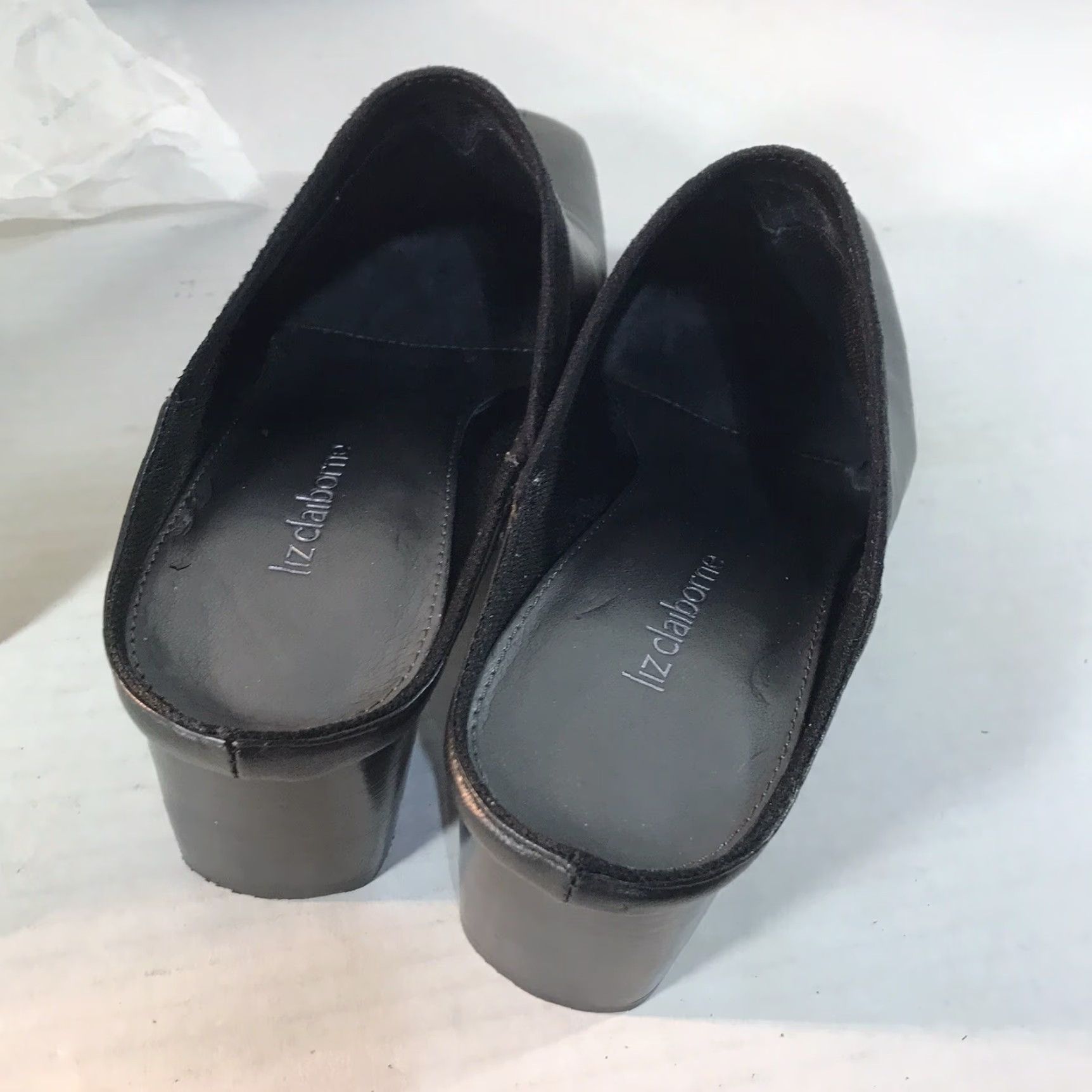Liz Claiborne Liz Claiborne Black Leather Mules Womens Size 7.5 Square Toe Slip On Block Heel Size US 7.5 / IT 37.5 - 5 Thumbnail