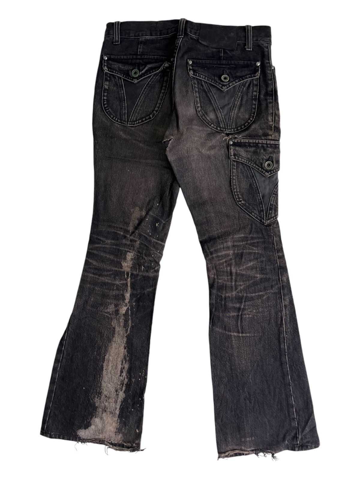 5351 POUR LES HOMMES Y2K Super Flare Dirty Bleach Leather Cargo Mud Wash Jeans Size US 28 / EU 44 - 2 Thumbnail