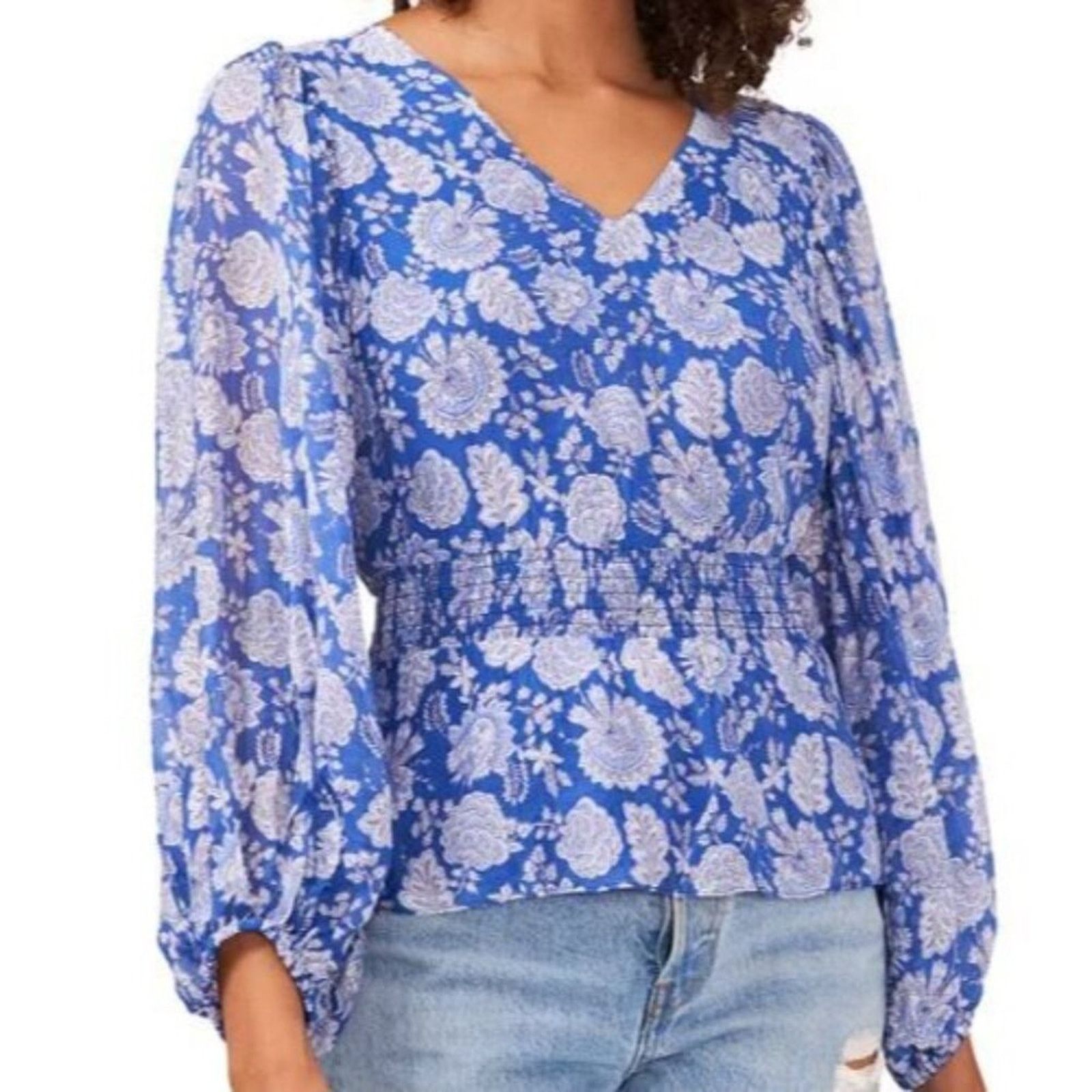 Vince Camuto Vince Camuto Peplum Floral Blue Sheer Sleeve Lined Blouse XS Size XS / US 0-2 / IT 36-38 - 1 Thumbnail
