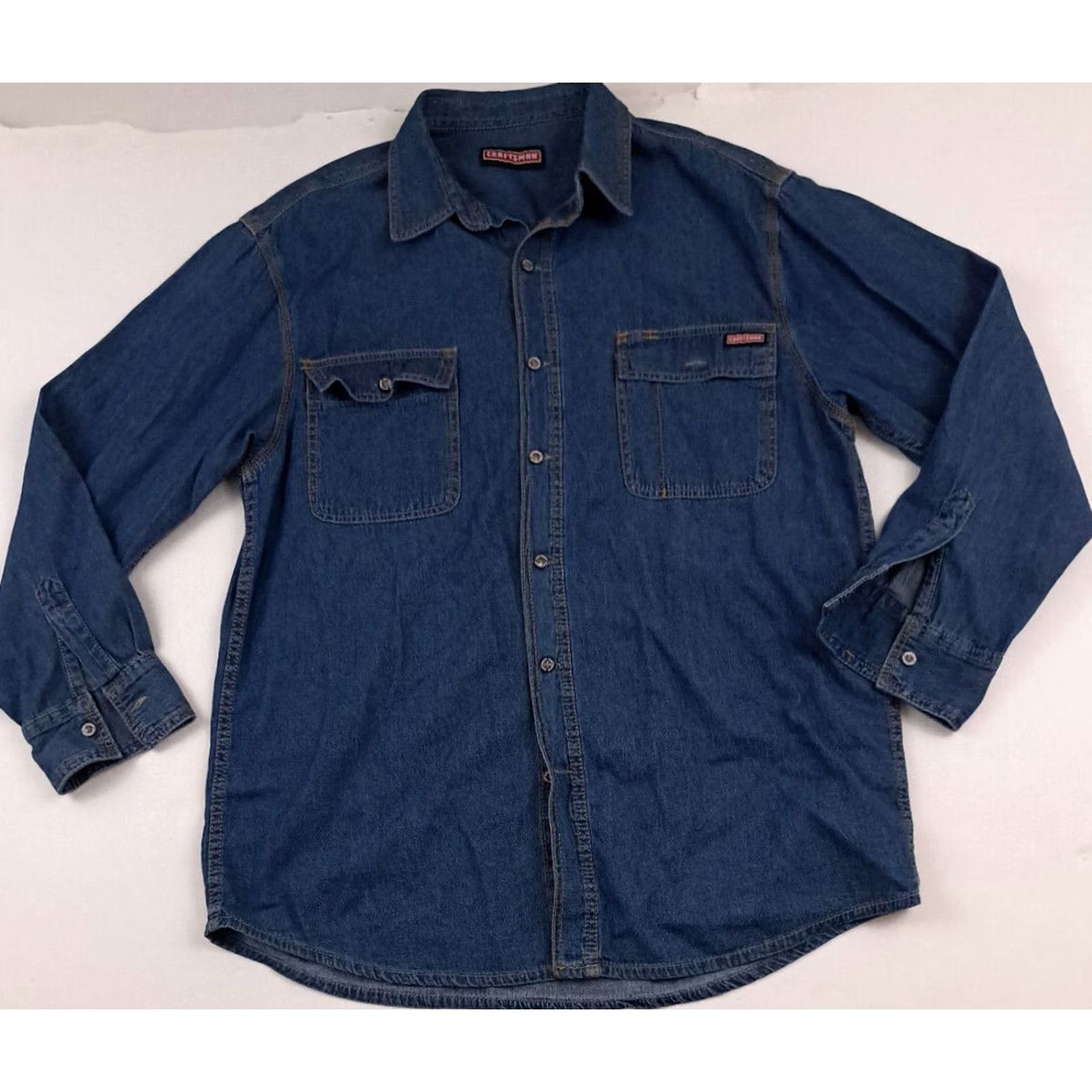 Sears Craftsman Jeans Shirt Denim 100% Cotton Long Sleeve Full Button Medium Blue 90s Outdoor Size M / US 6-8 / IT 42-44 - 2 Thumbnail