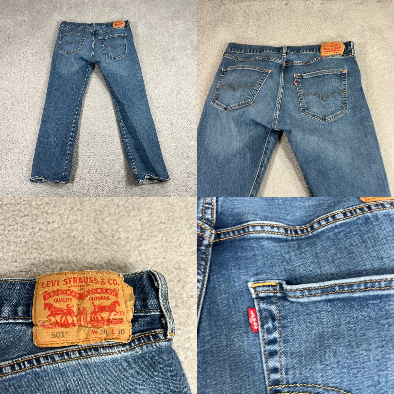 Levi's Levis 501 Jeans Mens 36x30 Blue Straight Button Fly Mid Rise Distressed Med Wash Regular 5-Pocket Denim Cotton Levi's 501 Series Jeans Mens Blue Size US 36 / EU 52 - 10 Thumbnail