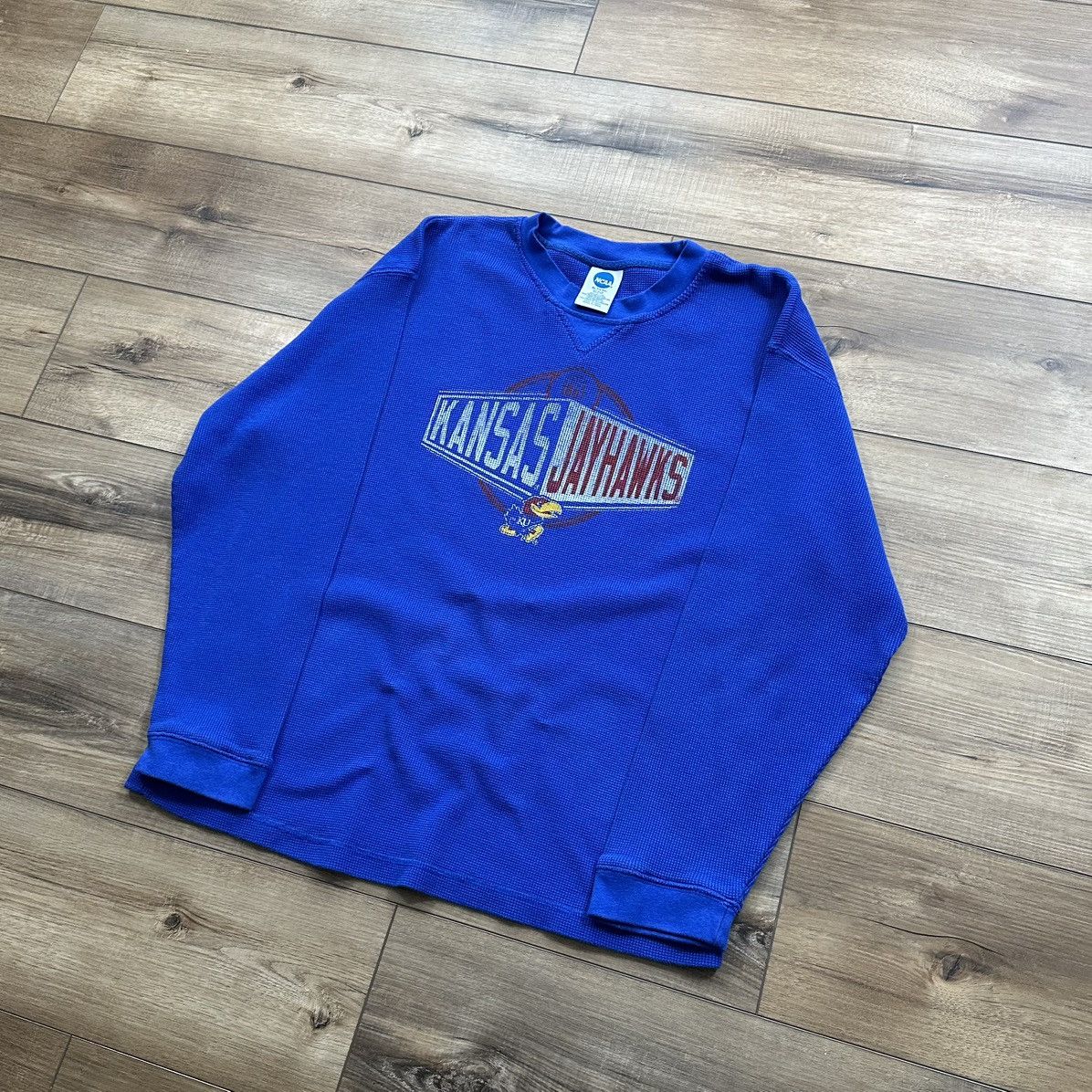 NCAA Vintage 2000s Kansas Jayhawks Waffle Knit Thermal Size US XL / EU 56 / 4 - 3 Thumbnail