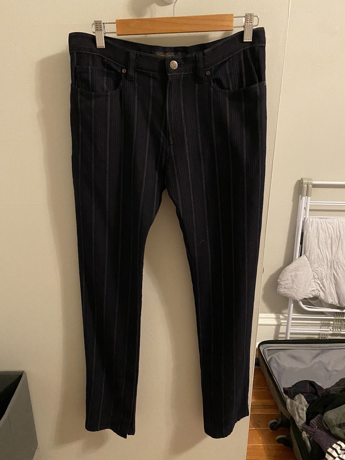 Image of Undercover Dark Navy Striped Punk Wool Trousers, Men's (Size 31)