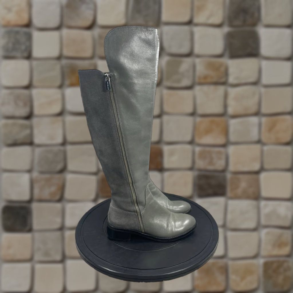 Michael Kors Michael Kors Boots Women Knee High Gray Leather Zip Riding Boot 5.5 M Bromley Size US 5.5 / IT 35.5 - 1 Thumbnail