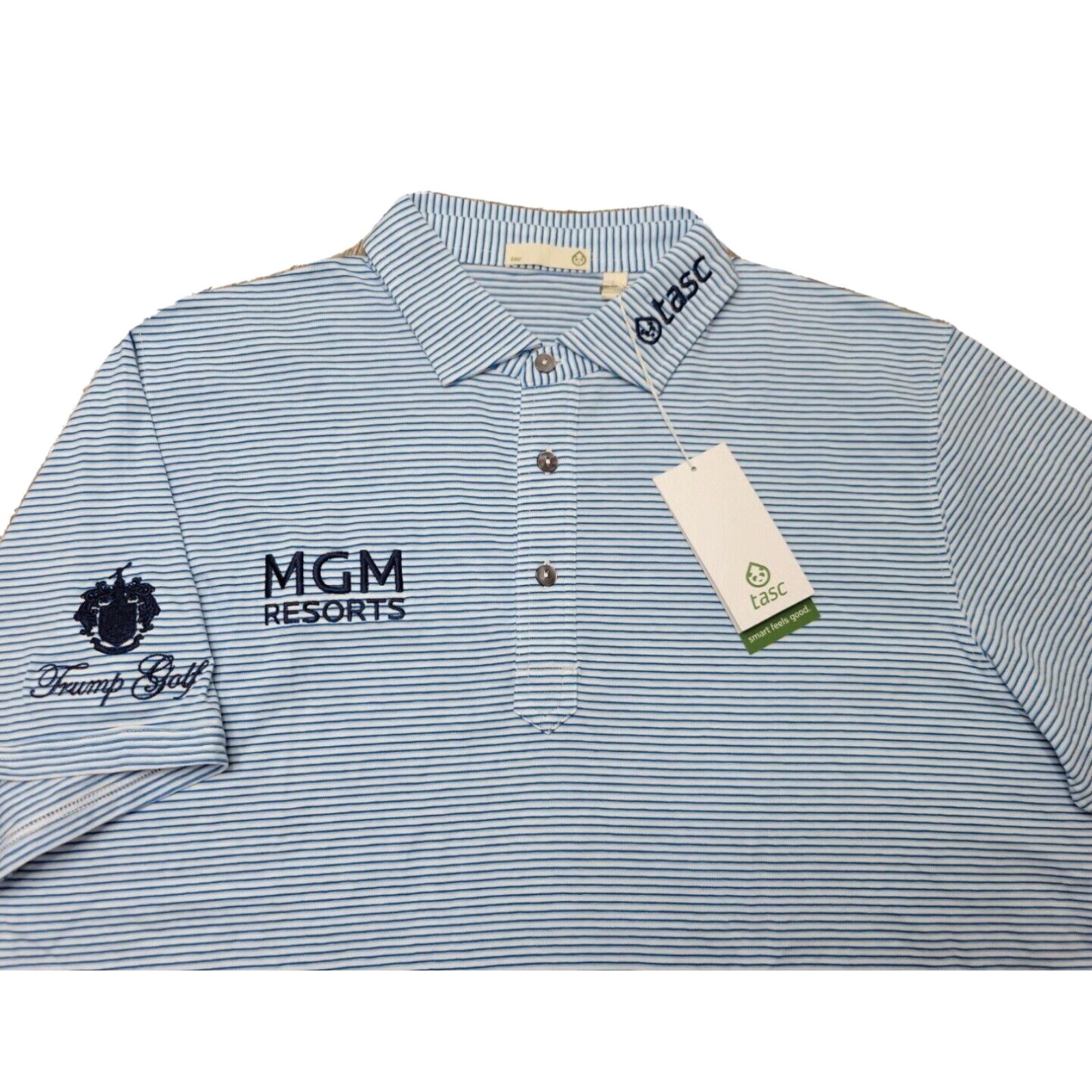 image of Vintage New Tour Issue Benny Taylor Men L Trump Golf Tasc Mgm Everywhere Polo Shirt Blue in White (