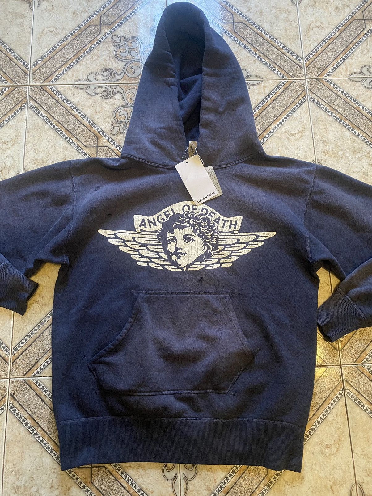 image of Saint Michael “Angel Of Death” Logo Print Hoodie in Navy, Men's (Size Small)