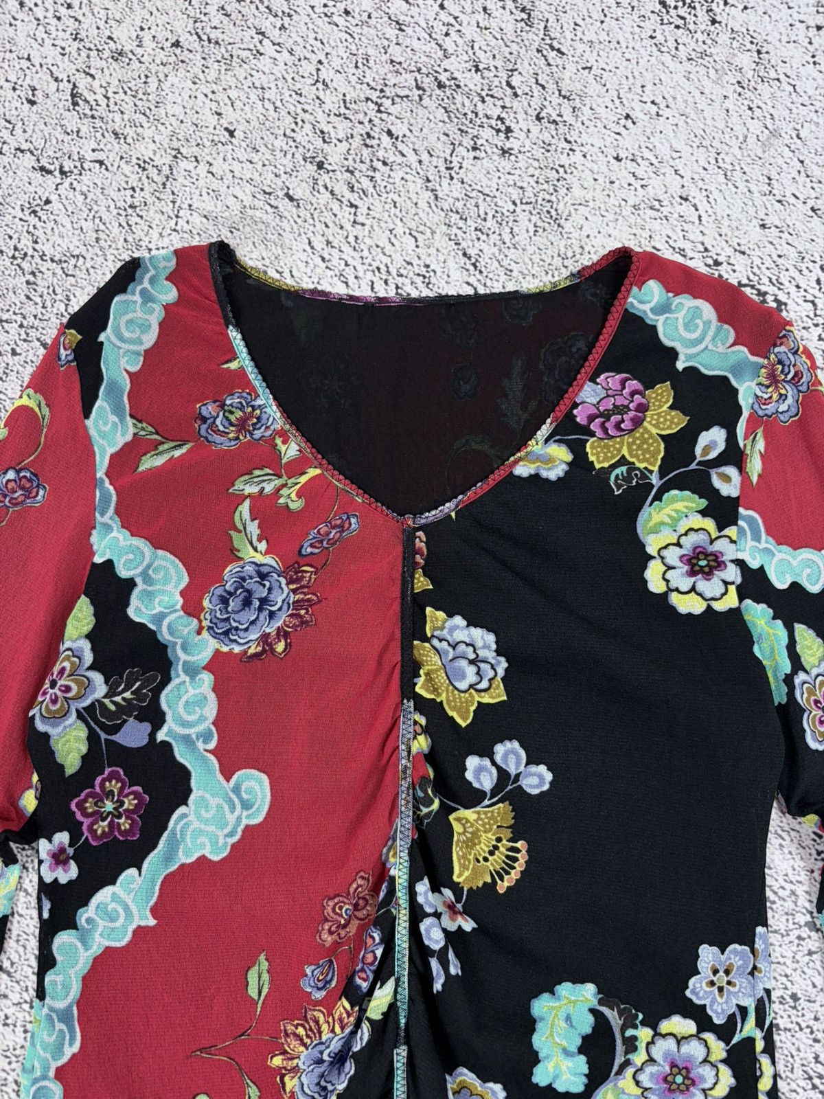 Japanese Brand Vintage Y2K Asymmetric Ruched Floral Mesh Top Japan Size L / US 10 / IT 46 - 5 Thumbnail
