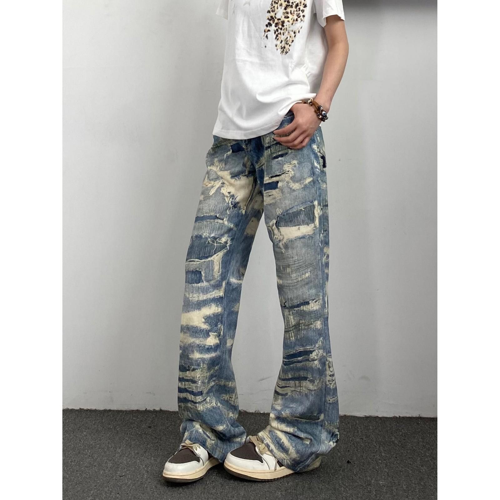 Vintage Tie Dye Washed Ripped Straight Leg Stacked Flared Jeans Size US 32 / EU 48 - 2 Thumbnail