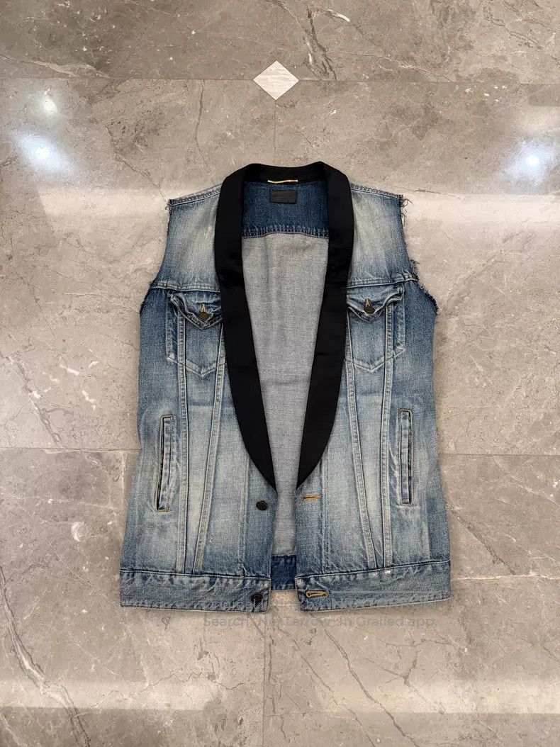 Saint Laurent Paris Saint Laurent Paris Silk Lapel Denim Vest Jacket Size US XS / EU 42 / 0 - 5 Thumbnail