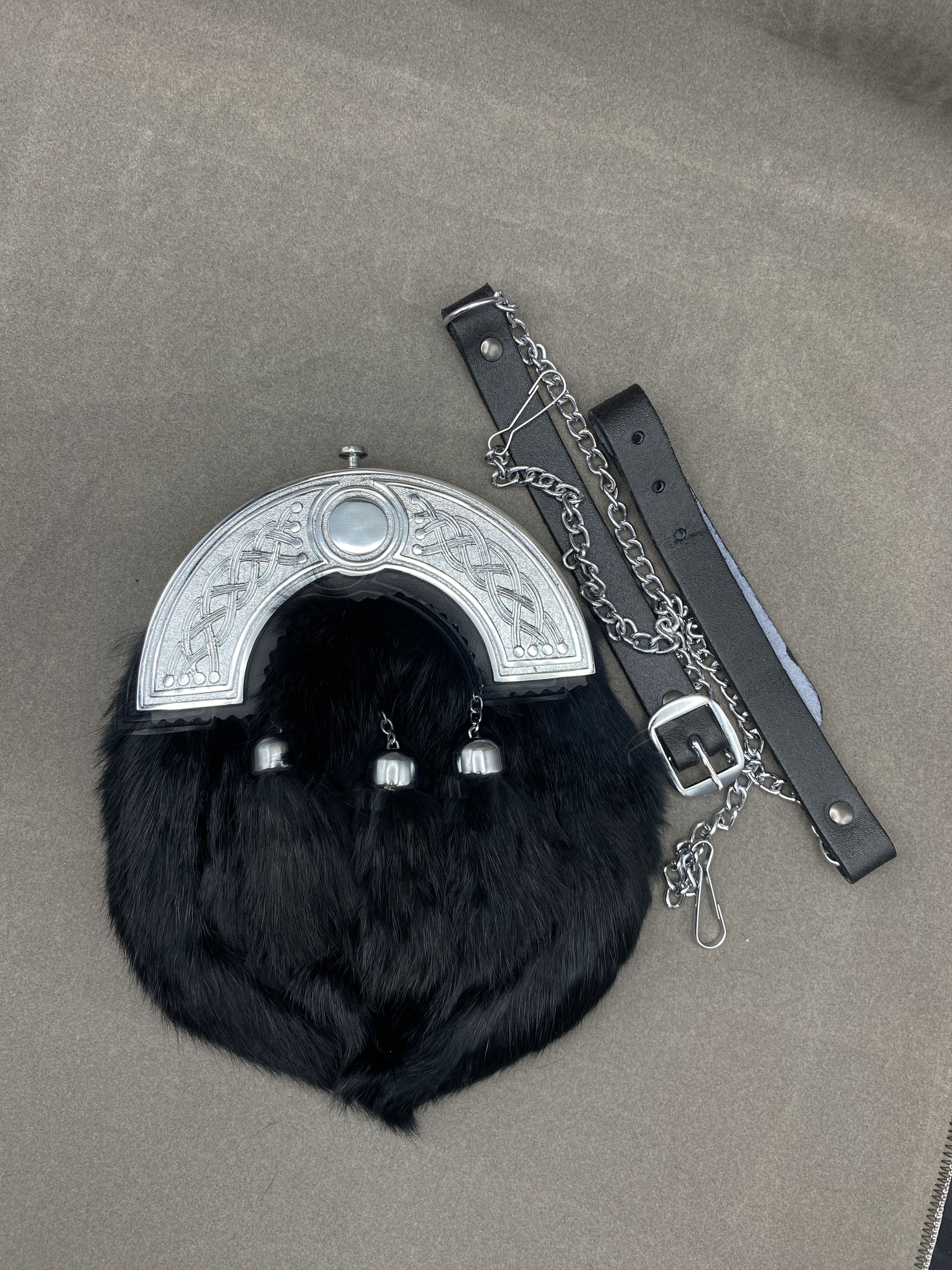 Leather × Other Chrome Head Triple Thistle Black Rabbit Fur Sporran Size ONE SIZE - 1 Thumbnail