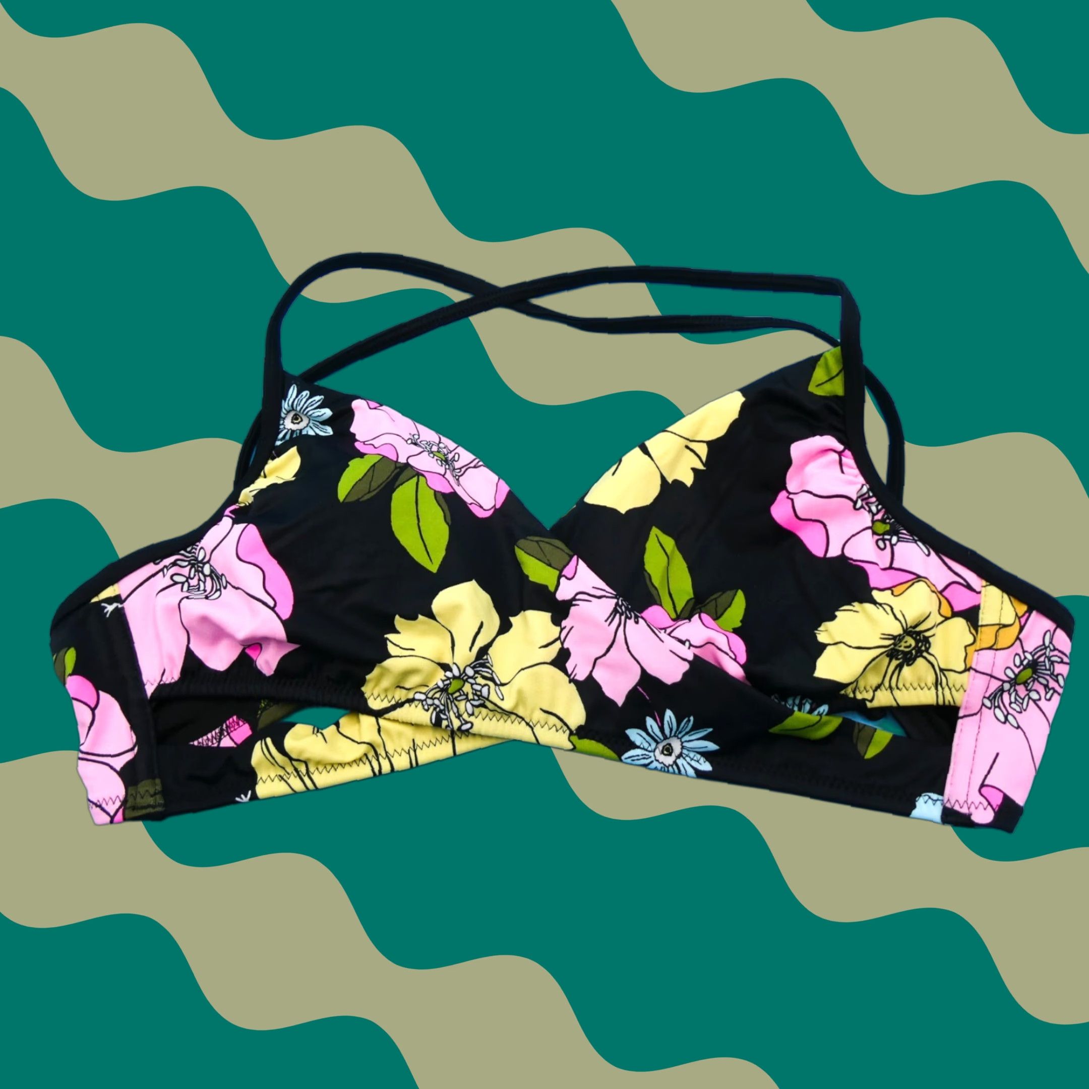 Victoria's Secret Bikini Top Womens M Black Floral Wrap Halter Logo Quick Dry Beach Top