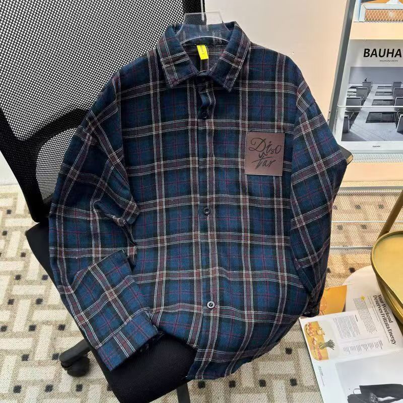 Vintage Navy Plaid Leather Patch Flannel Shirt Size US M / EU 48-50 / 2 - 1 Thumbnail