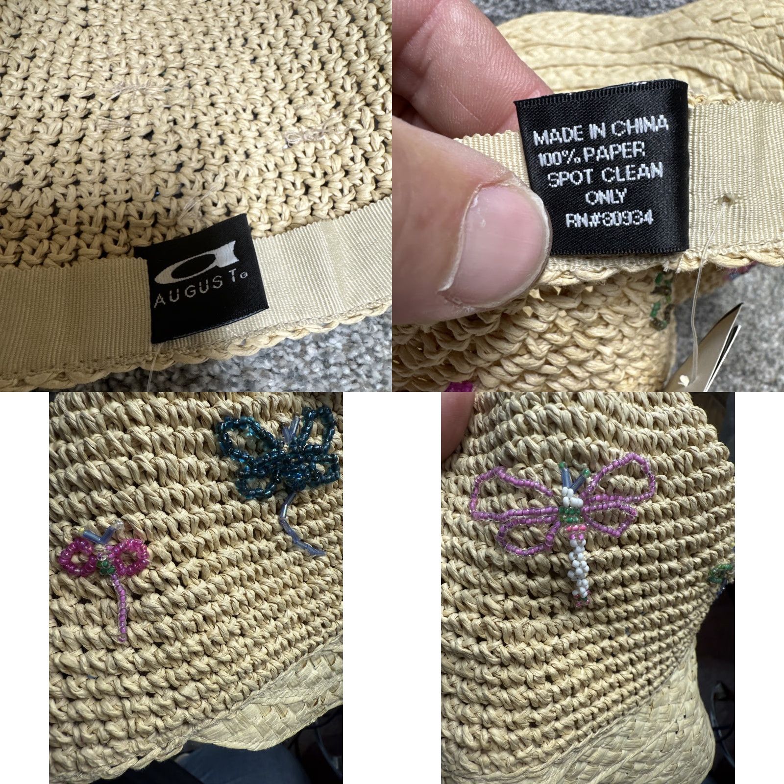 Vintage VINTAGE August Sun Hat Beaded Dragonflies Paper Straw Boho Chic Beachy Women One Size Beige Summer Size ONE SIZE - 8 Thumbnail