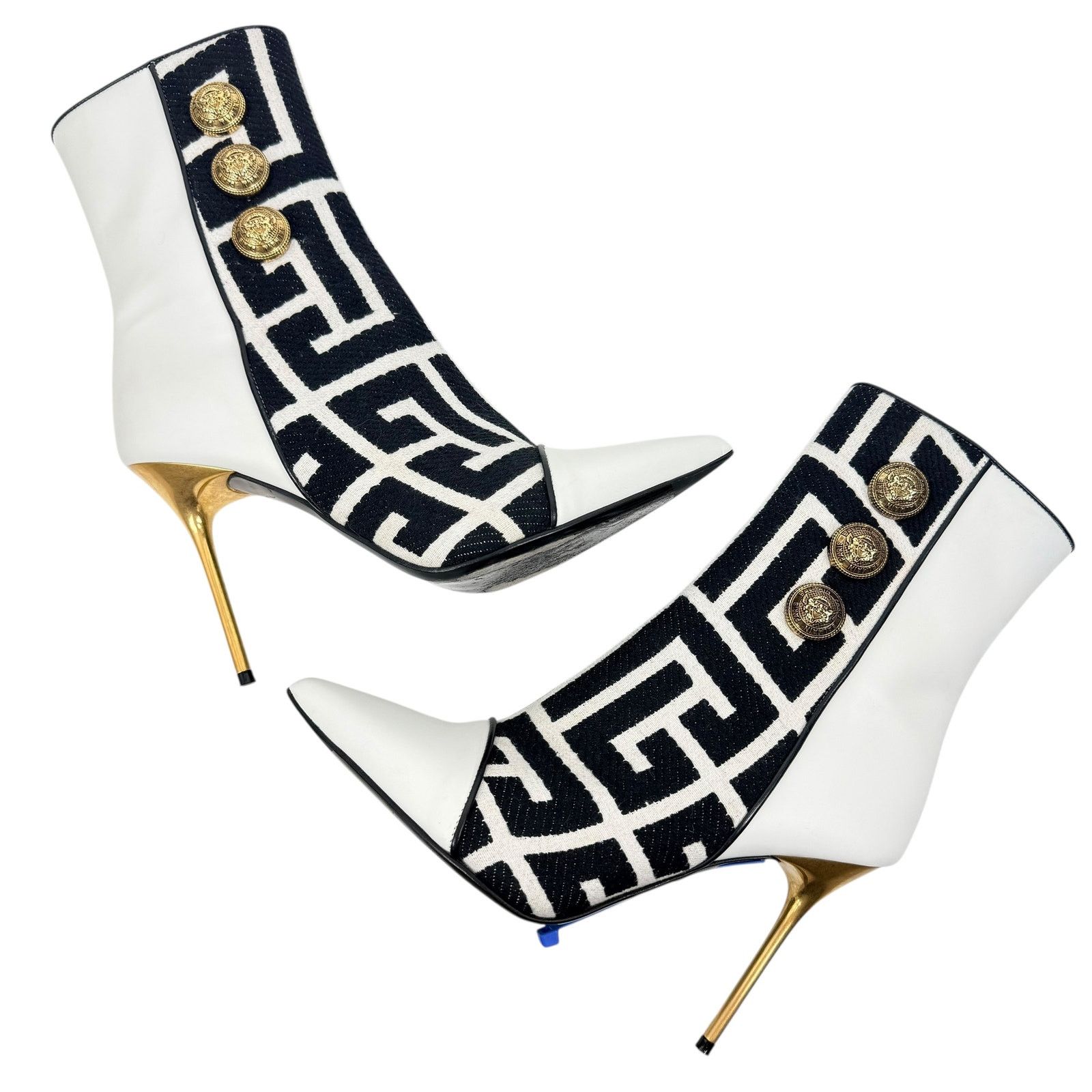 Balmain Balmain Roni Monogram Jacquard Leather Ankle Booties White Size US 7.5 / IT 37.5 - 7 Thumbnail
