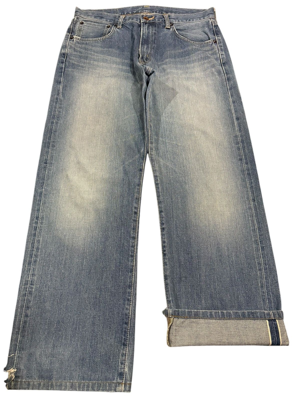 Edwin × Self Edge 90s Vtg Edwin 505 Selvedge Orange Tag Distressed Faded Jeans Size US 33 - 1 Thumbnail