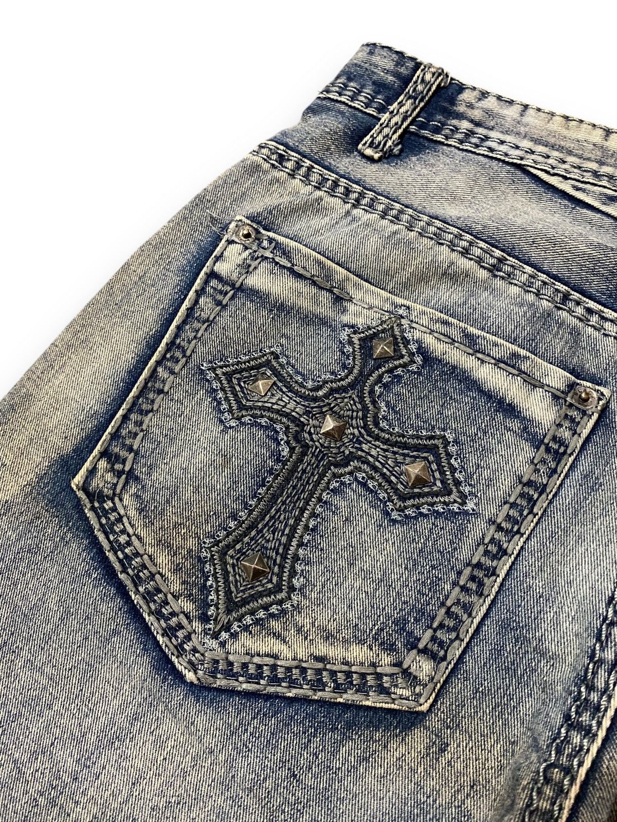If Six Was Nine FLARE Black Skeleton Stone Wash Studded Cross Bootcut Denim Size US 34 / EU 50 - 11 Thumbnail
