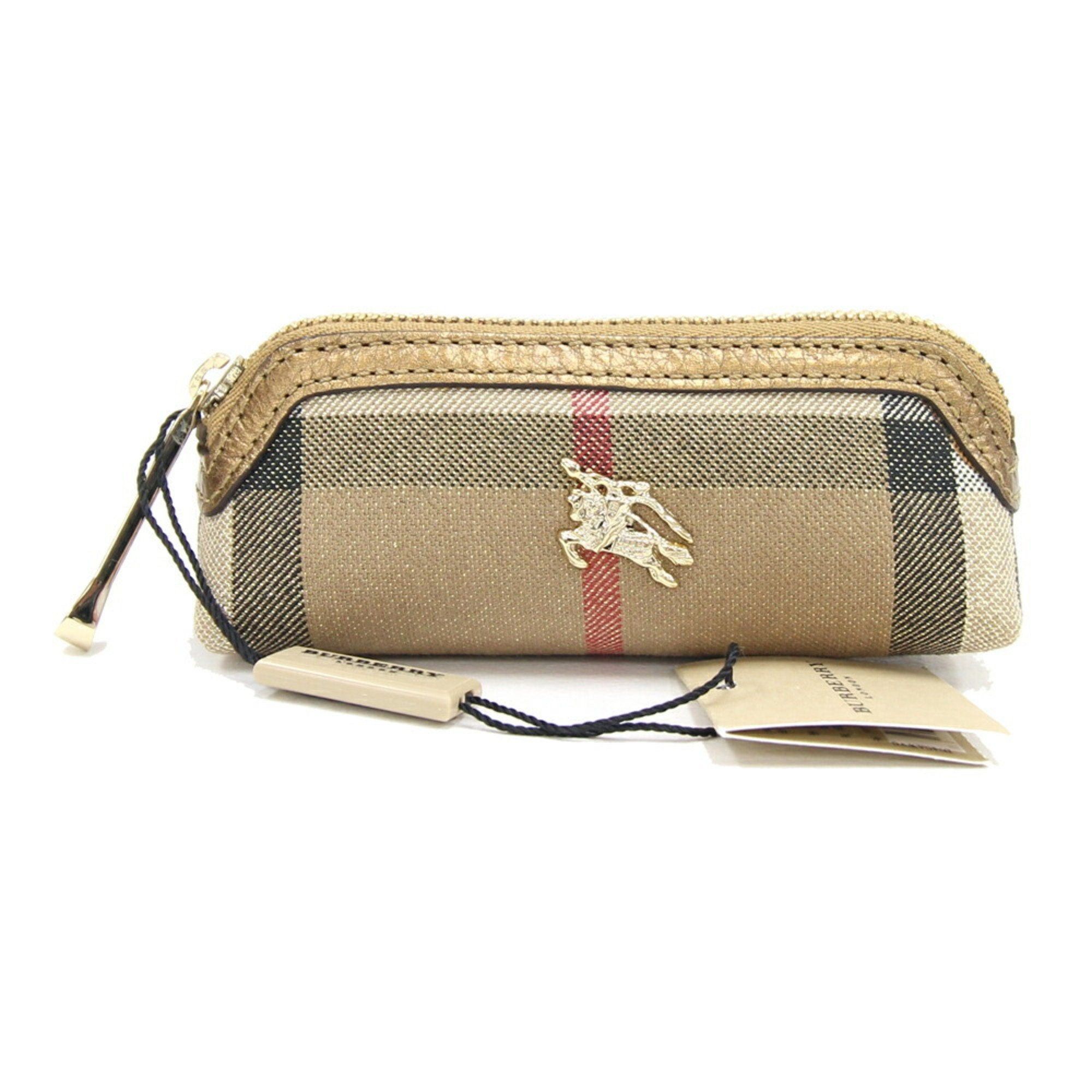 image of Burberry Pouch Beige Canvas Leather Check Pattern Key Case Men Women in White