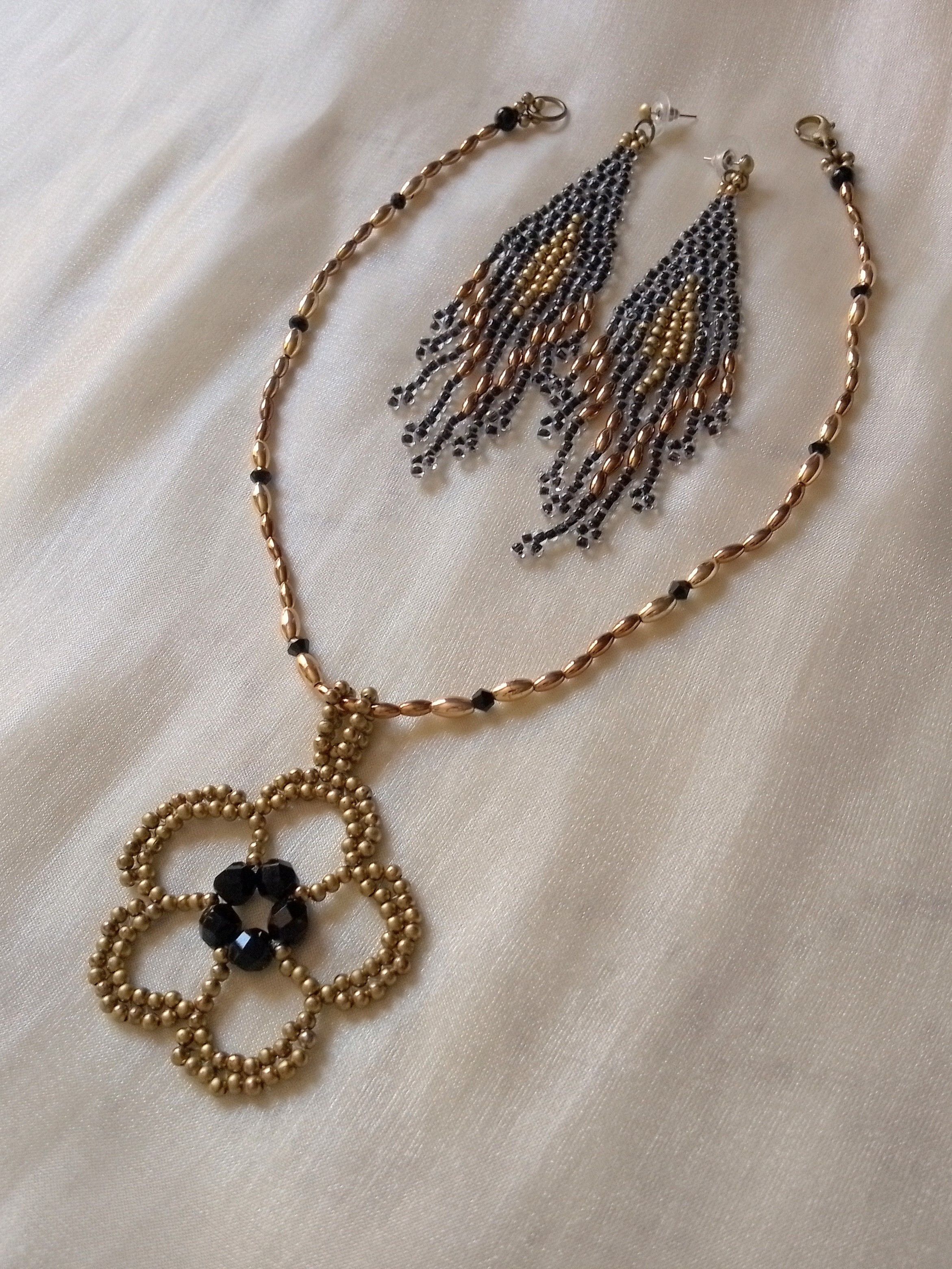 Handmade Necklace Flower pendant Black gemstones Earrings with Bangs Size ONE SIZE - 5 Thumbnail