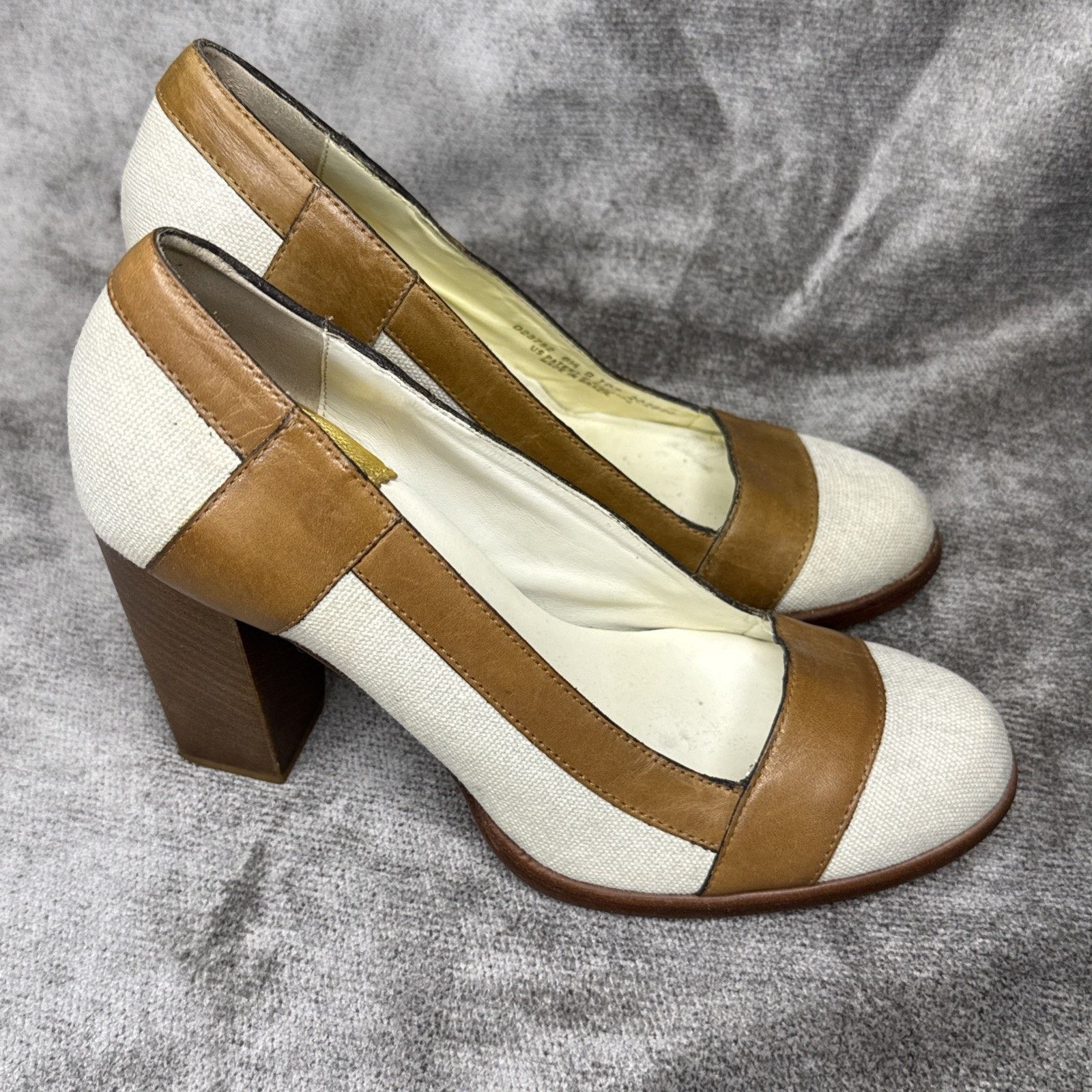 Cole Haan Cole Haan Canvas Ivory Tan Leather Block Heel Pumps 6.5B Size US 6.5 / IT 36.5 - 3 Thumbnail