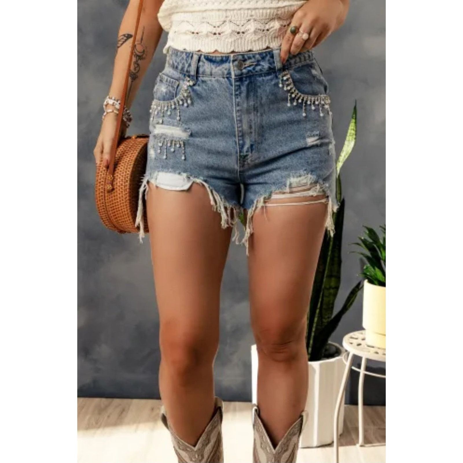 Other Denim Rhinsestone High Waist Shorts Size 16 Denim Cut Off Size 38" / US 16 / IT 52 - 1 Thumbnail