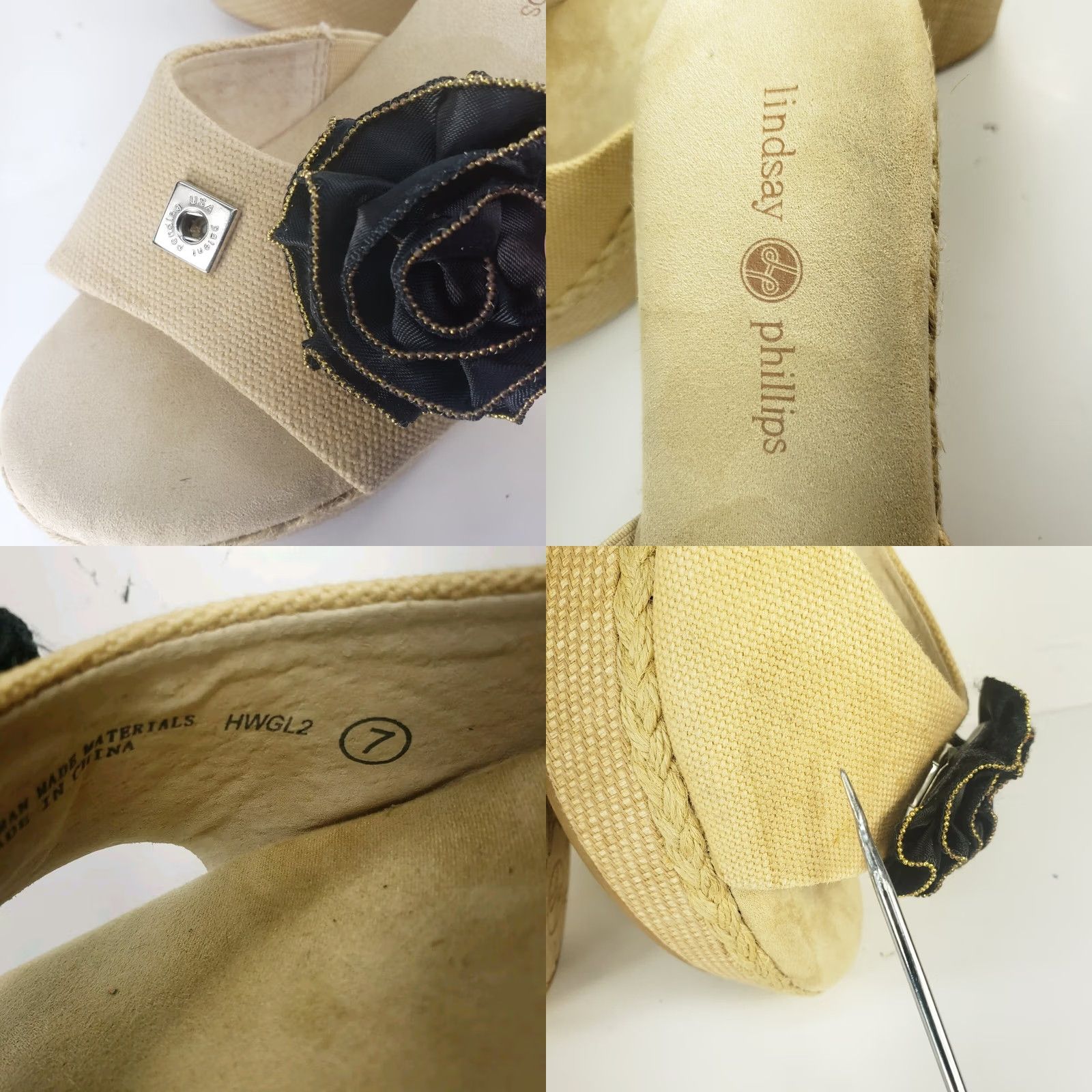 Vintage Lindsay Phillips Wedge Heel Sandals Interchangeable Flower Snaps Womens Sandal 7 Beige Floral Rhinestone Slip On Size US 7 / IT 37 - 10 Thumbnail