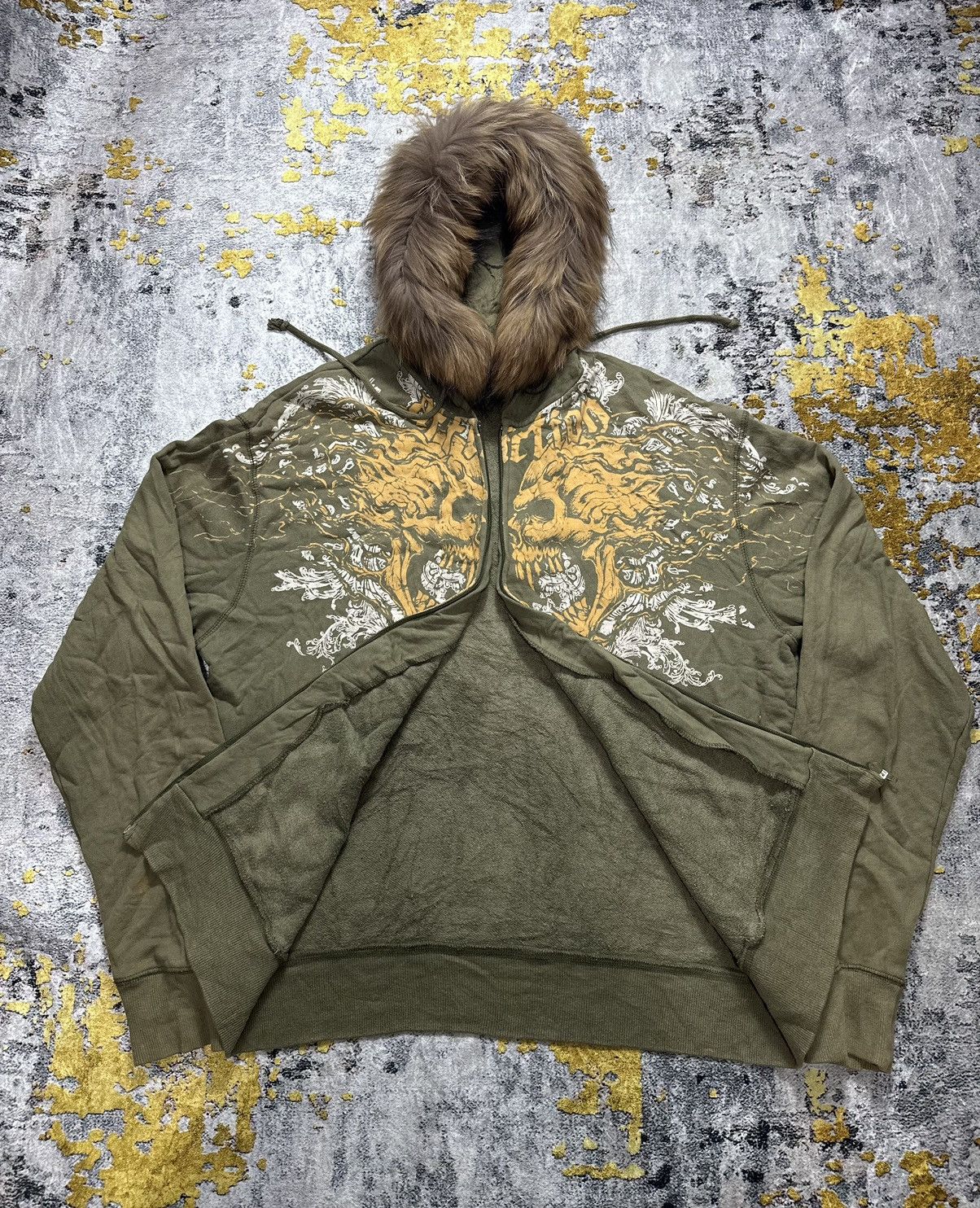 Japanese Brand CRAZY FADED AFFLICTION Fur ZipHoodie SKULL CROSS The Heat Size US XL / EU 56 / 4 - 9 Thumbnail