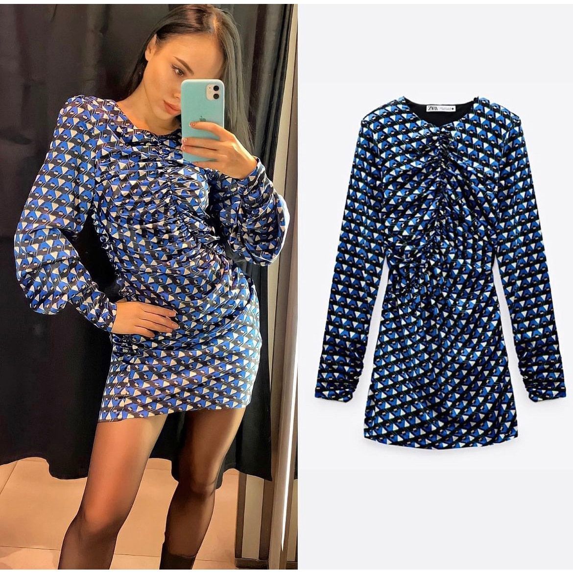Zara ZARA BLOGGER FAVORITE GEOMETRIC PRINT DRESS BLUISH Size XS / US 0-2 / IT 36-38 - 2 Thumbnail