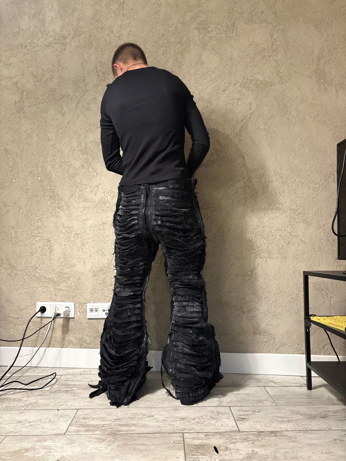 Japanese Brand distressed Black flare Jeans – Handmade Streetwear Pants Size US 36 / EU 52 - 5 Thumbnail