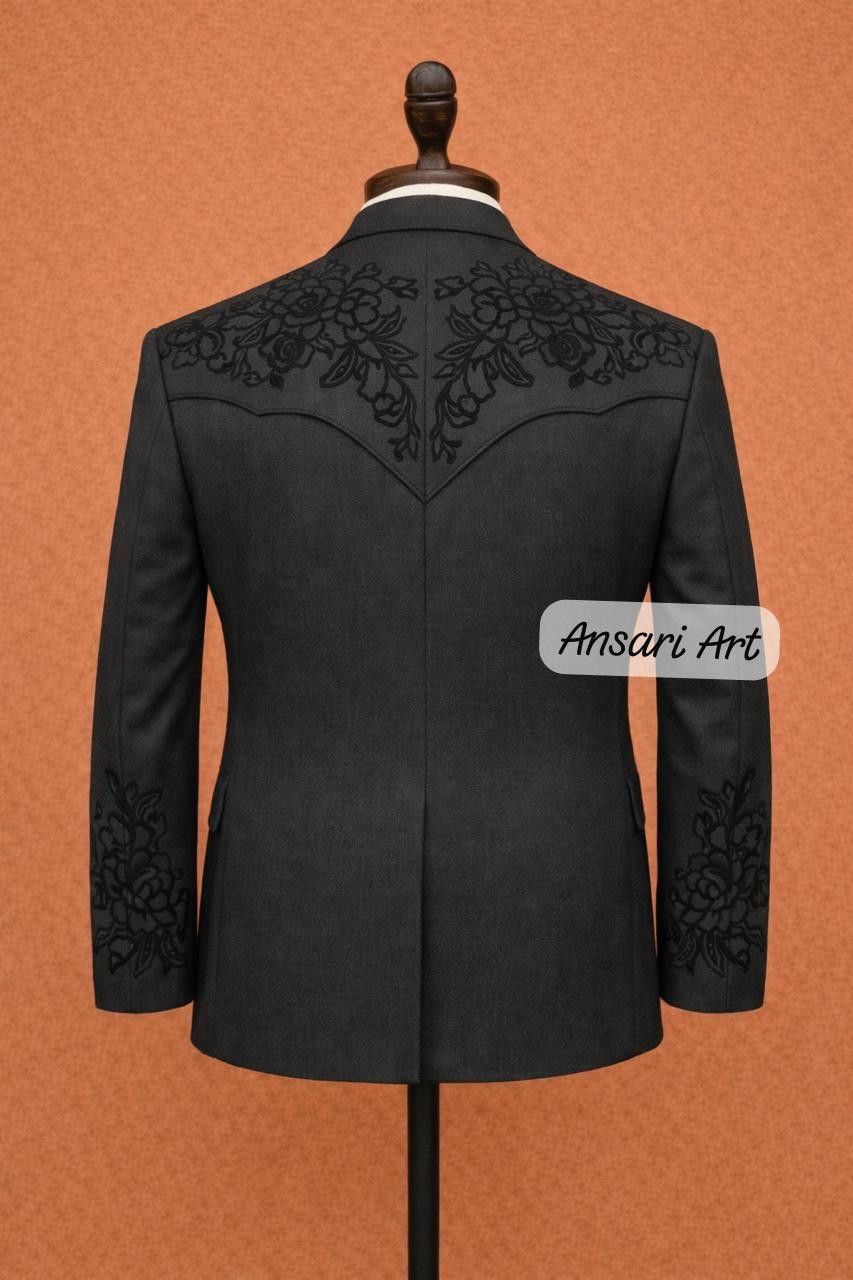 Other Men 2Pc Deep Charcoal Floral Embroidered Cowboy Nudie Suit Size 42L - 3 Thumbnail