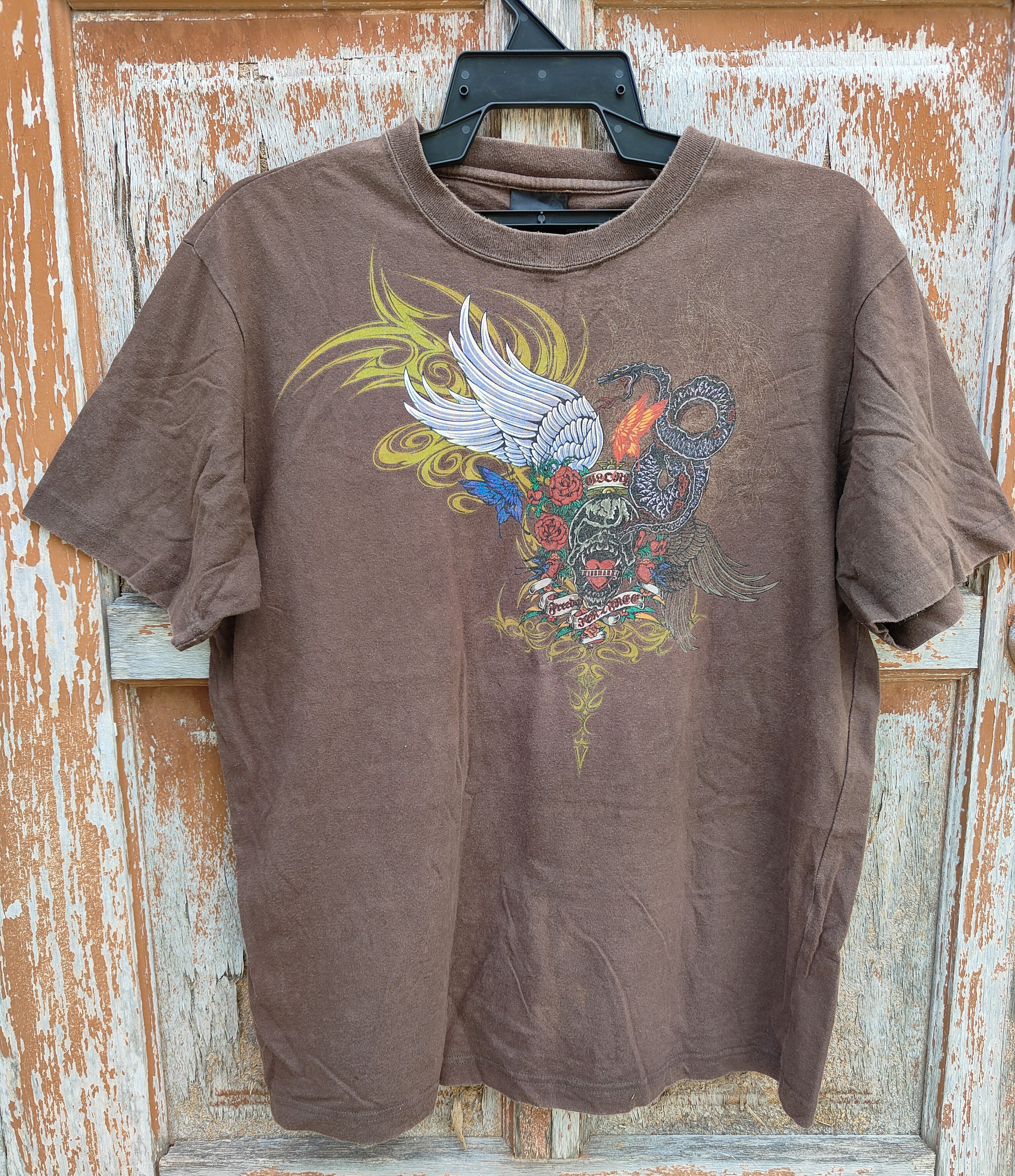 image of Vintage Kissmark Scull Shirt in Brown, Men's (Size Large)