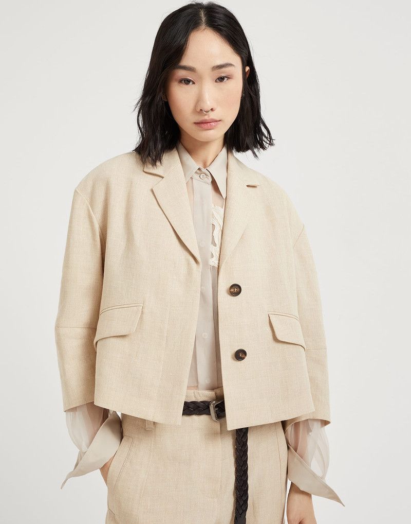 Brunello Cucinelli o1la1rc1a0326 Linen Cropped Blazer in Beige Size S / US 4 / IT 40 - 4 Thumbnail