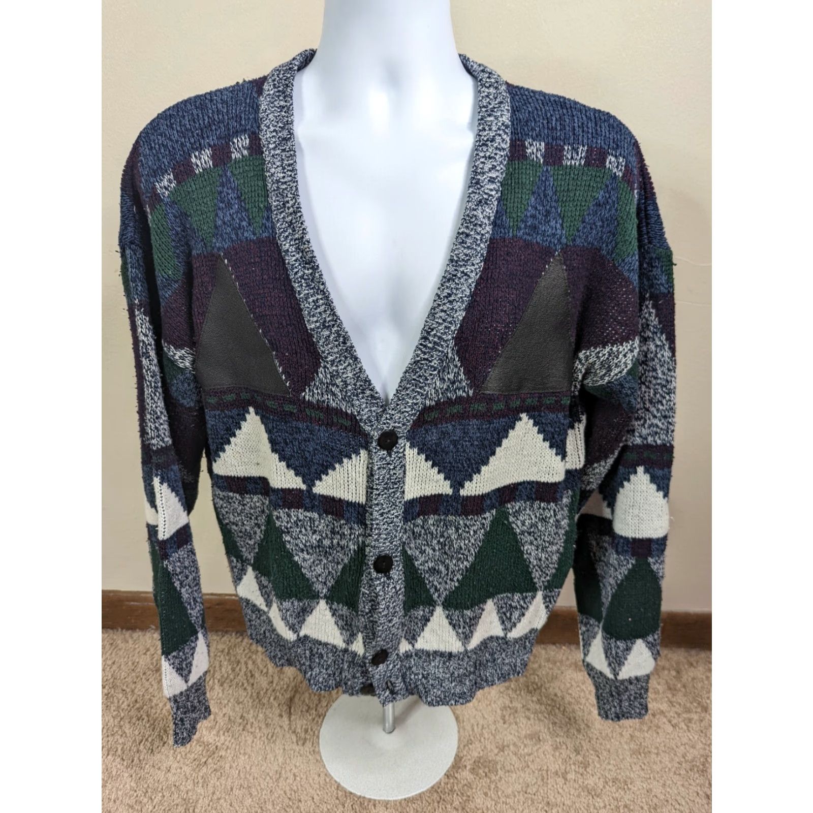 Vintage VINTAGE Campus Geometric V-Neck Cardigan Sweater Mens M Blue 80s Leather Trim S4C Size US M / EU 48-50 / 2 - 2 Thumbnail