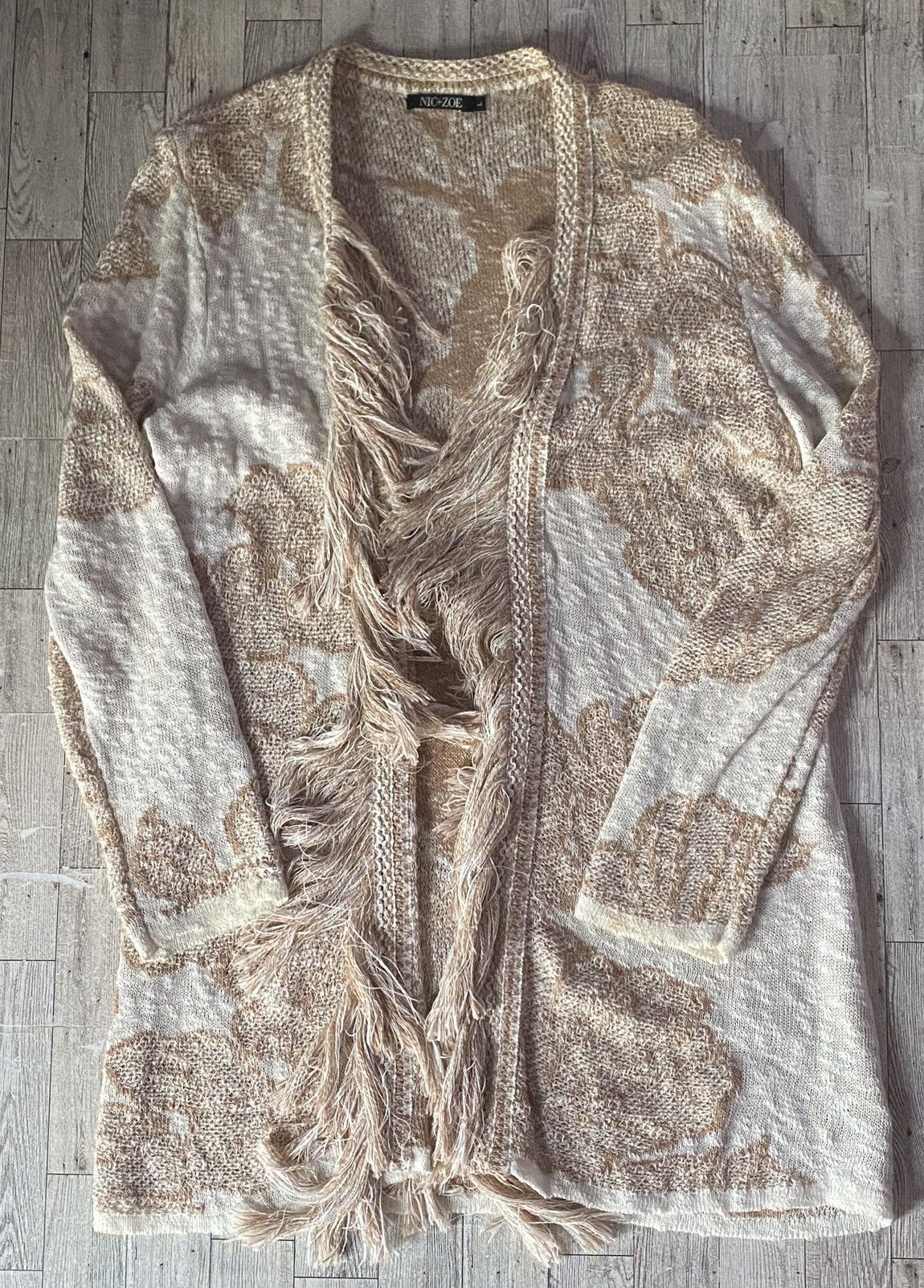 NIC+ZOE NICE + ZOE, Beige/Cream, Floral/Fringed, Open Knit Cardigan Size L / US 10 / IT 46 - 5 Thumbnail