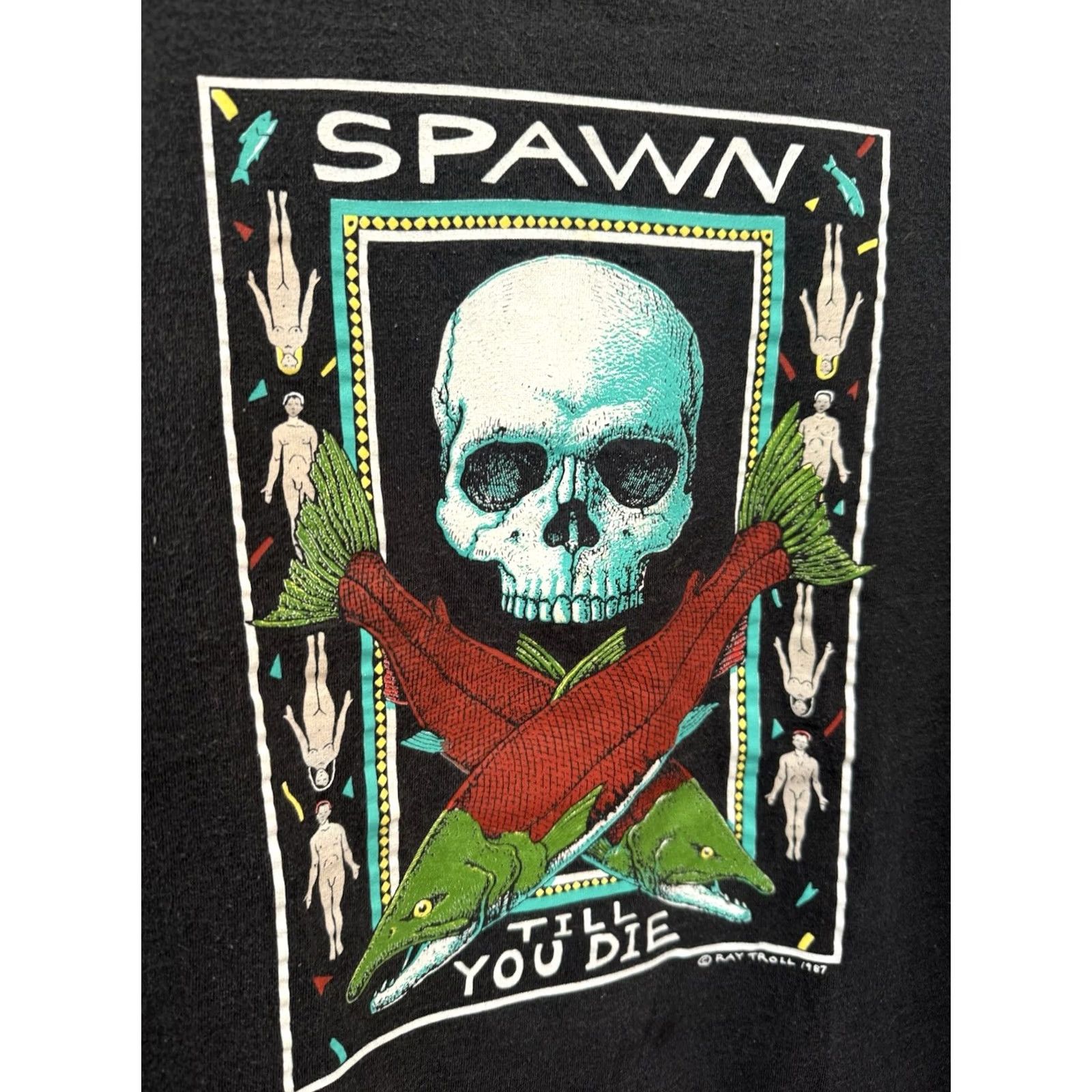 Lee VINTAGE Ray Troll Spawn Till You Die Salmon Art Black Tee Shirt XL Men’s T-Shirt XL Black Art Trolls 1987 Size US XL / EU 56 / 4 - 4 Thumbnail