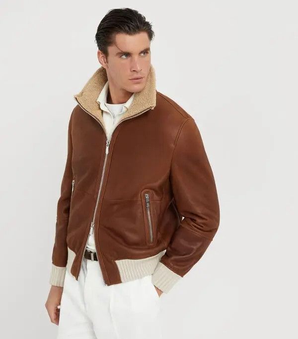 Brunello Cucinelli o1w1db11125 Shearling Bomber Jacket in Brown Size US L / EU 52-54 / 3 - 4 Thumbnail