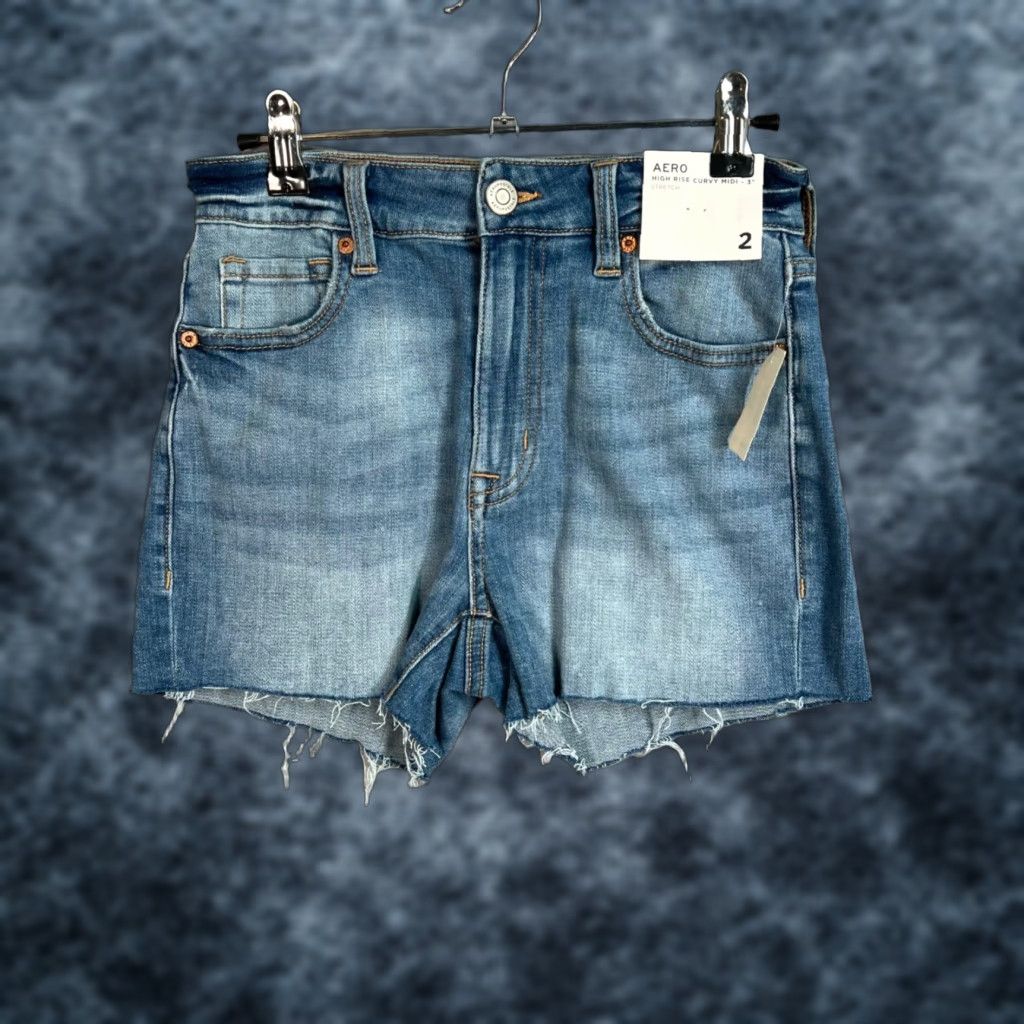Vintage Aéropostale Womens Size 2 High Rise Curvy Midi Stretch Denim Shorts Blue NEW! Size 26" / US 2 / IT 38 - 1 Thumbnail
