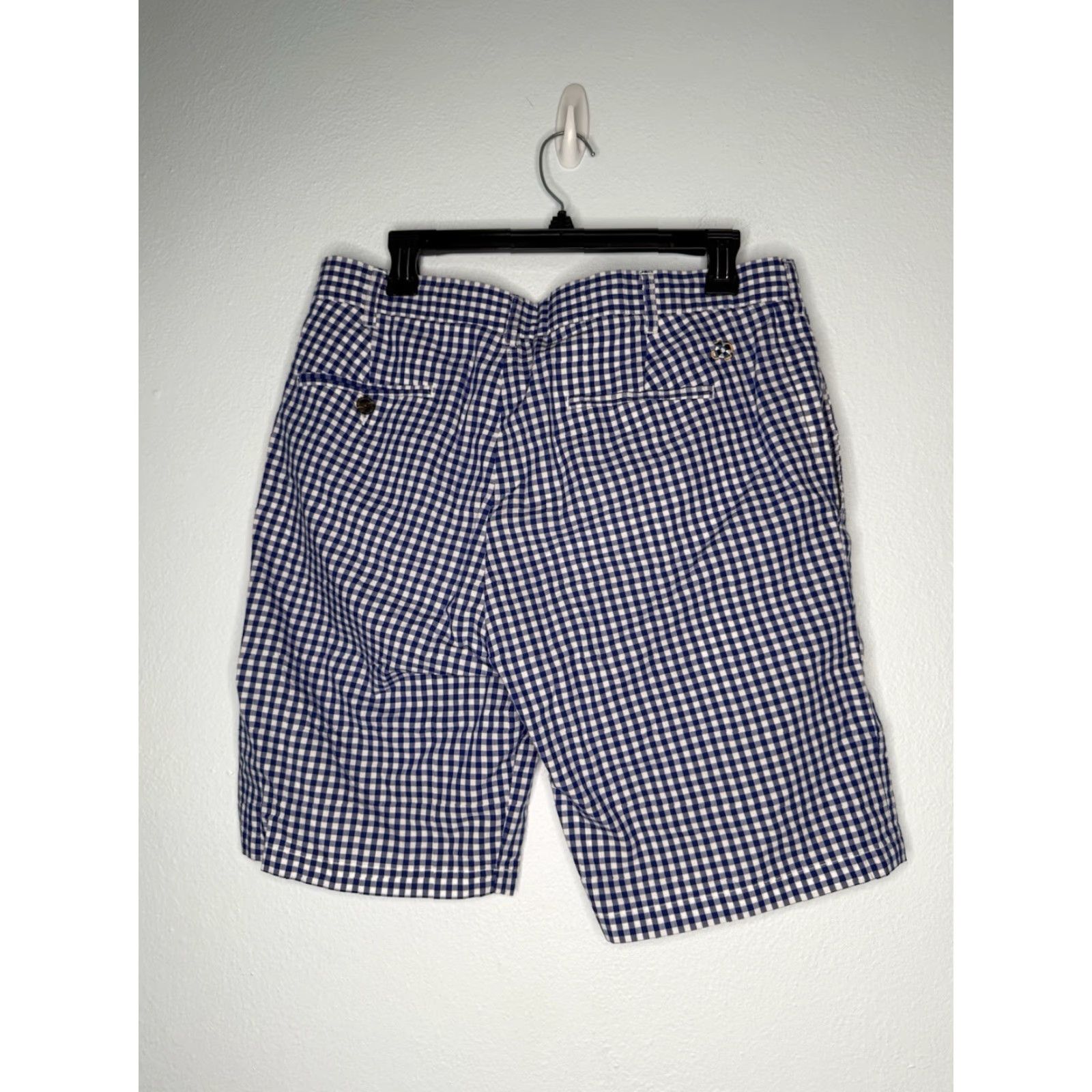 Vintage Castaway Mens Shorts 32 Waist Blue White Plaid Gingham Knit Cotton Flat Front Pocket Chino Casual Travel Golf - Regular fits Spring Summer Fall Mens Size US 32 / EU 48 - 2 Thumbnail
