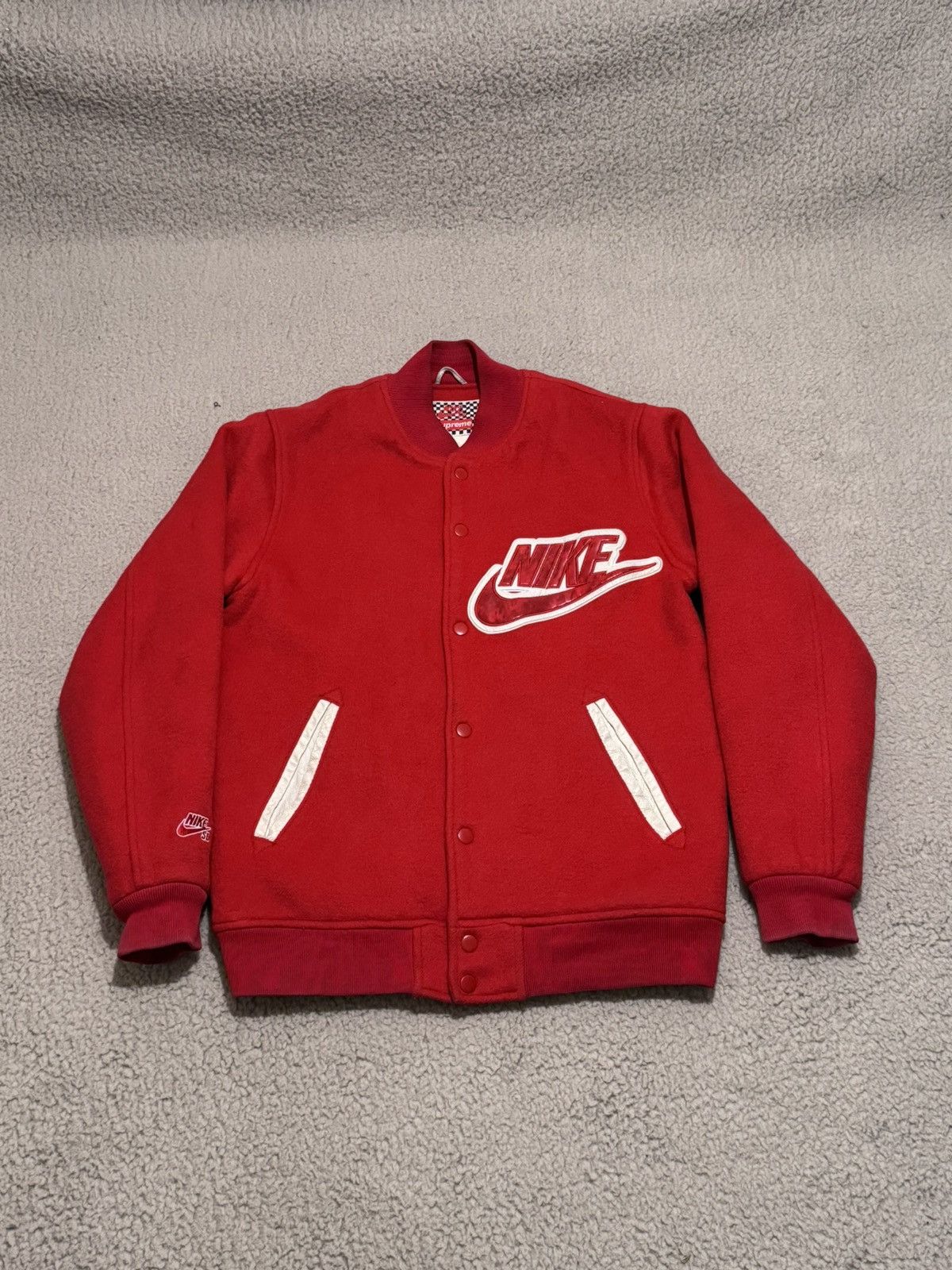 Nike x Supreme red outlet varsity jacket