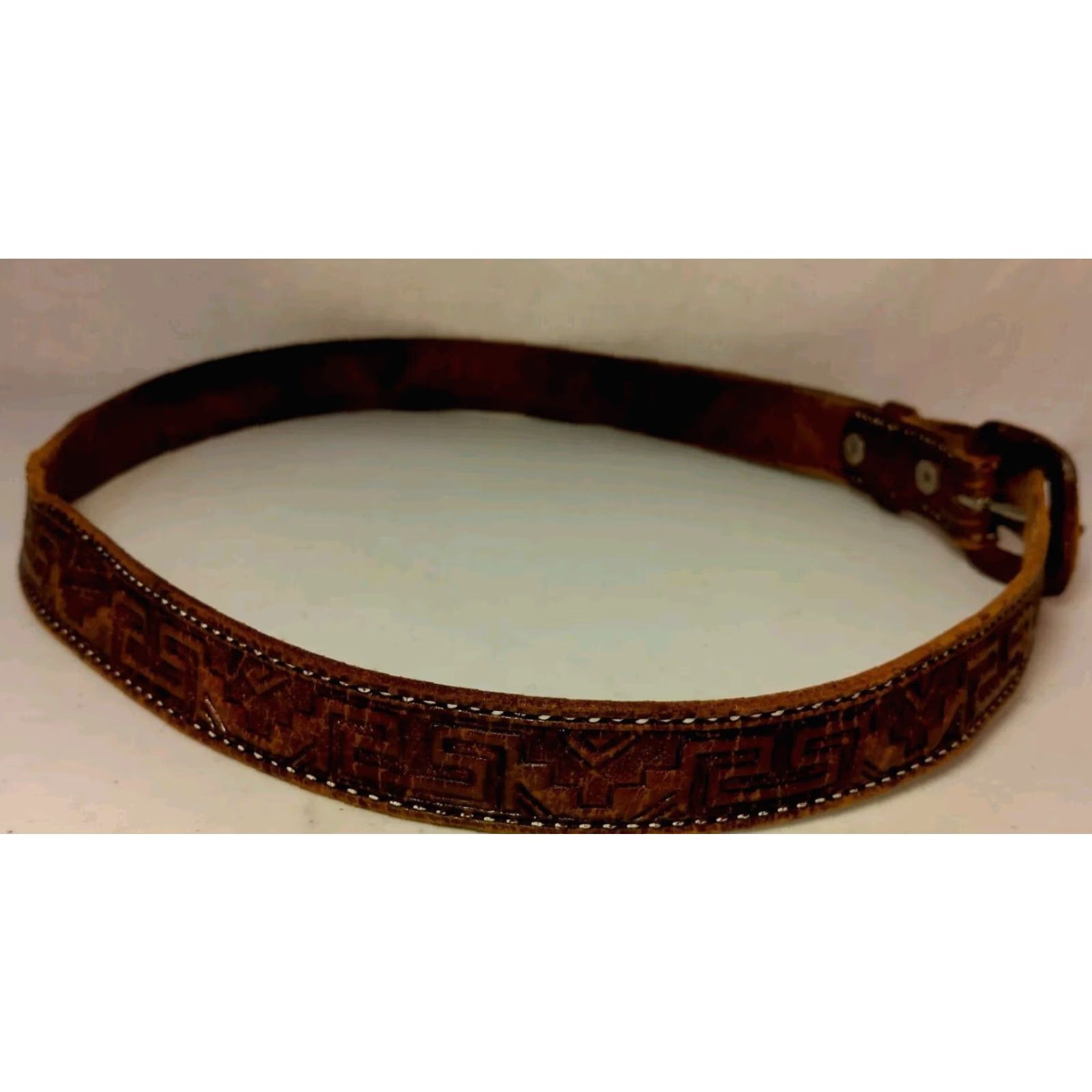 Vintage Vintage Hand Tooled Leather Belt Women Mexico Aztec Tribal Brown Distressed 1" Size ONE SIZE - 3 Thumbnail