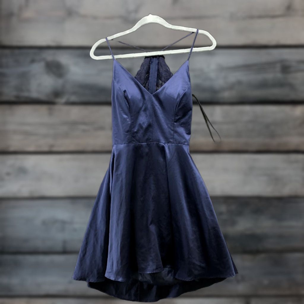 Vintage B. Darlin Satin Dress Size 7/8 Dark Blue Cut Out Lace Back Fit Flare Padded Cami Size M / US 6-8 / IT 42-44 - 1 Thumbnail