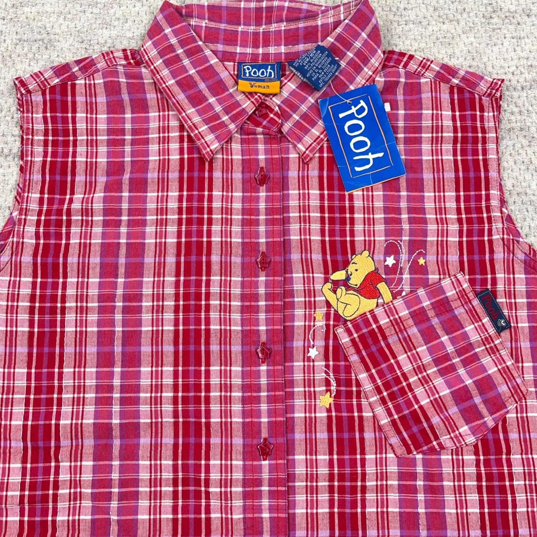 Disney VINTAGE Winnie the Pooh Shirt Womens 14/16W Button Up Sleeveless Red Plaid Adult Size XL / US 12-14 / IT 48-50 - 2 Thumbnail