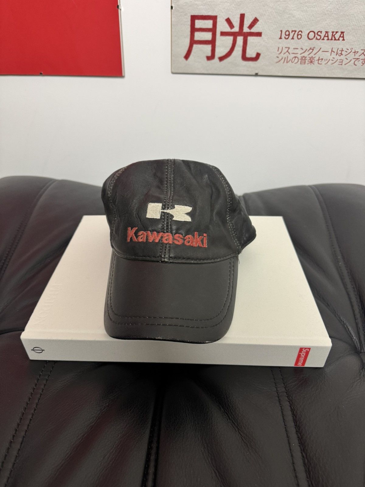 Leather Kawasaki Vintage 90s Black Racing Leather Hat Washed Rare Size ONE SIZE - 1 Thumbnail