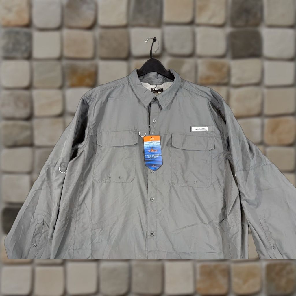 Habitat Habit Shirt Men 2XL Gray Long Sleeve Button-Up NWT Pockets Breathable Fish Theme Mens Size US XXL / EU 58 / 5 - 1 Thumbnail