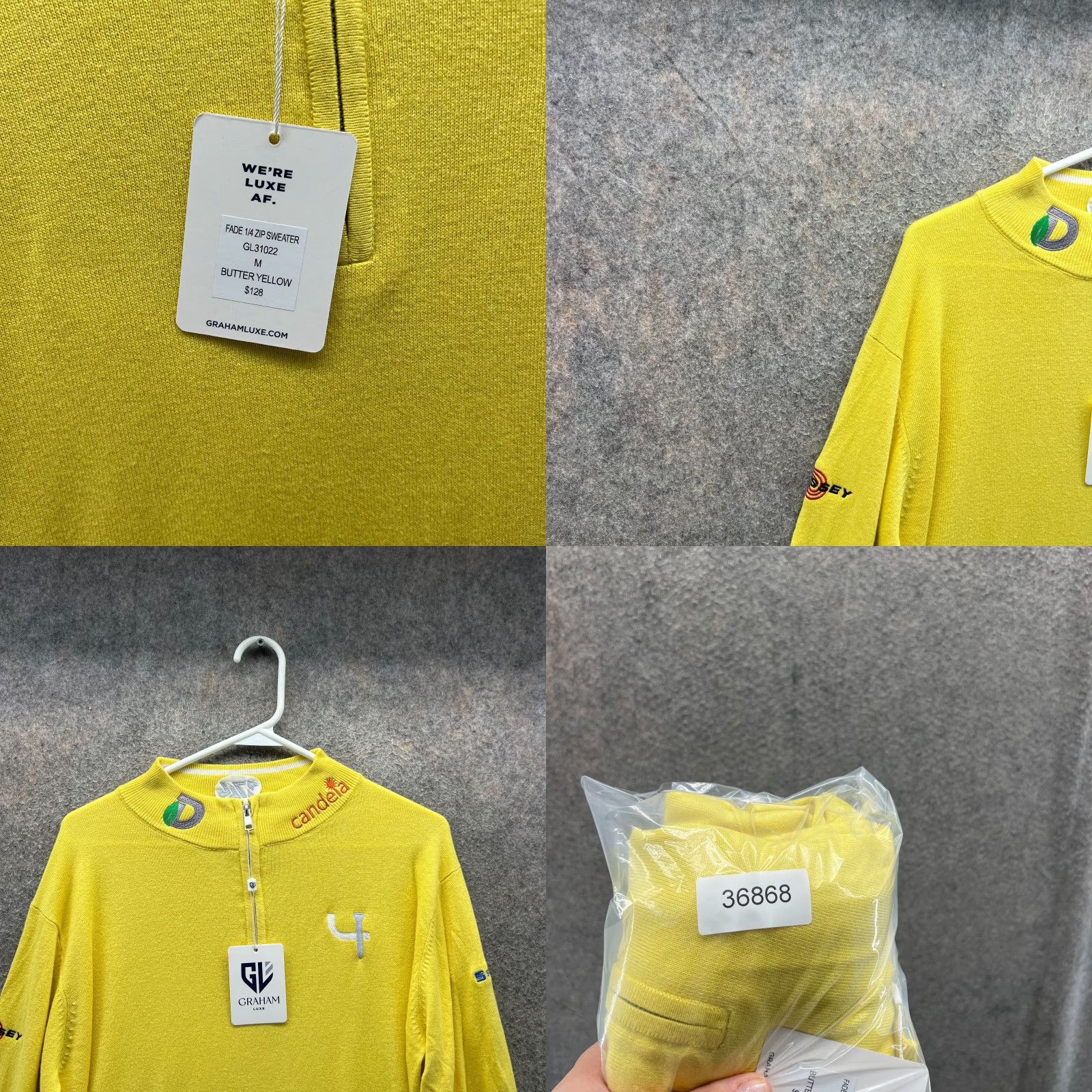 Vintage Graham Luxe Pullover Sweater Men M Yellow Embroidered Zipper Mock Neck Knit Cotton Long Sleeve Water: None Size US M / EU 48-50 / 2 - 8 Thumbnail