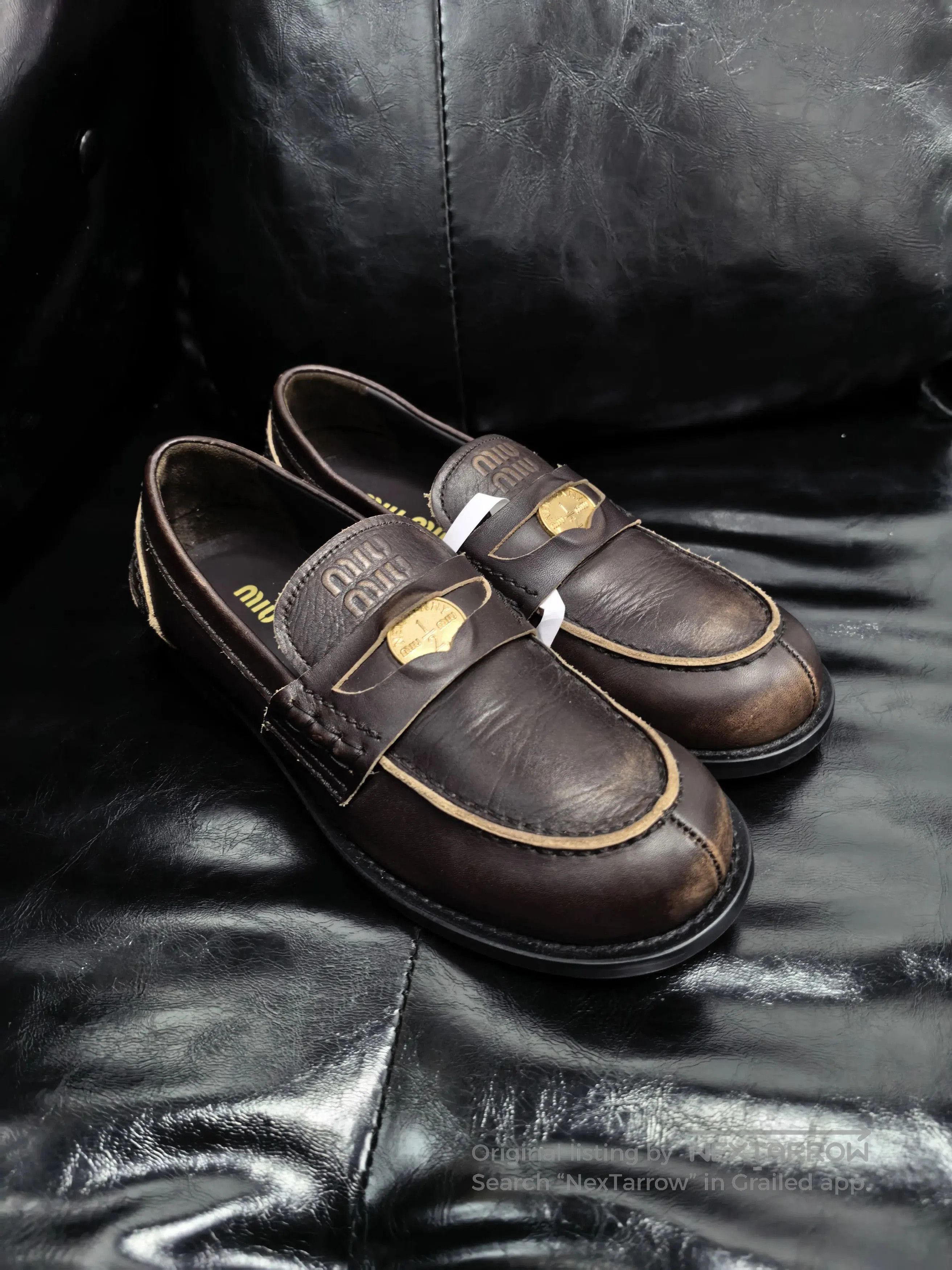 Miu Miu MiuMiu Brown Leather Gold Coin Loafers. Size US 5.5 / IT 35.5 - 3 Thumbnail