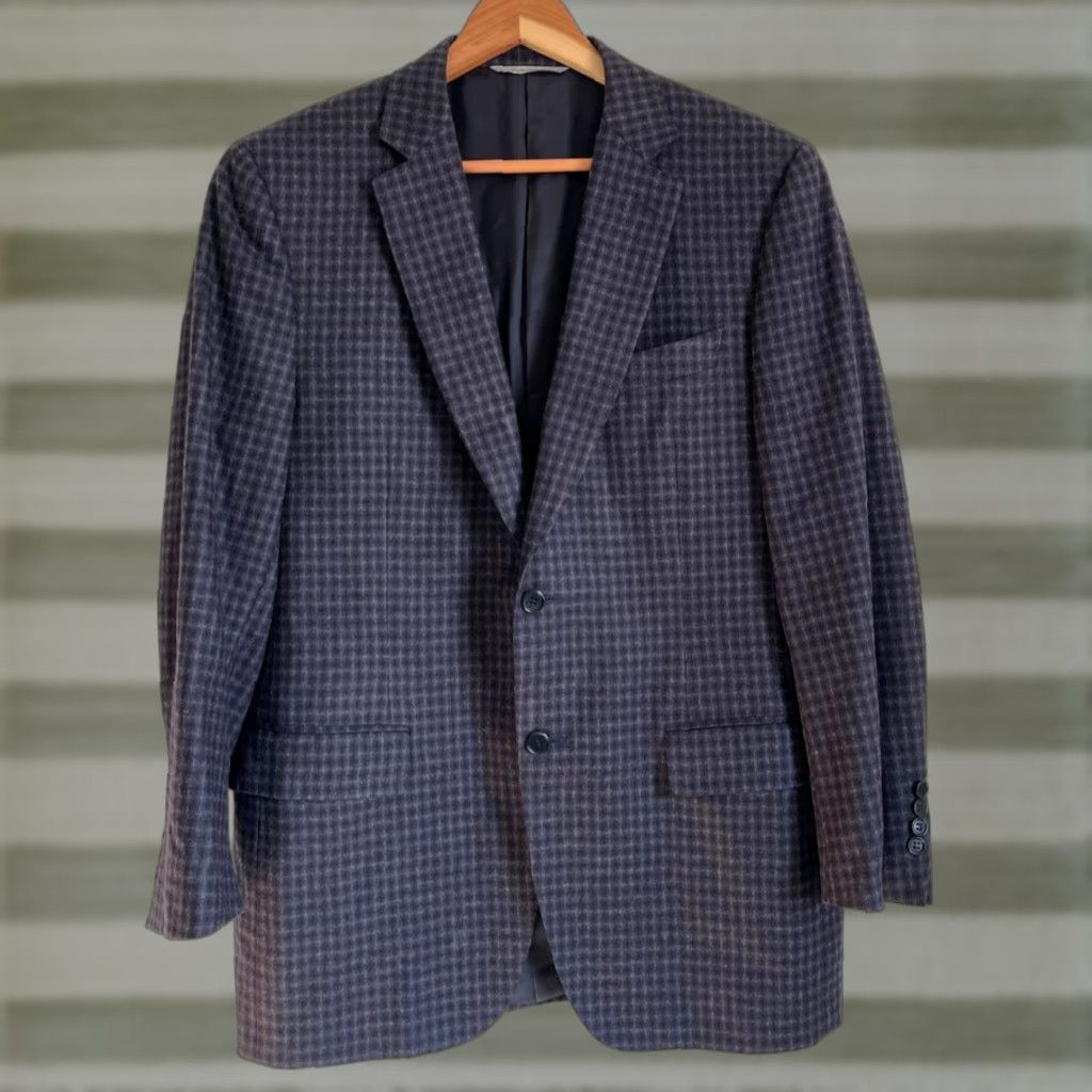 VINTAGE Canali Wool Blazer Jacket Navy Plaid Men’s IT52 US42 42 Regular Tweed Wool Four-Button Single-Breasted Double-Vented Italy Navy Mens