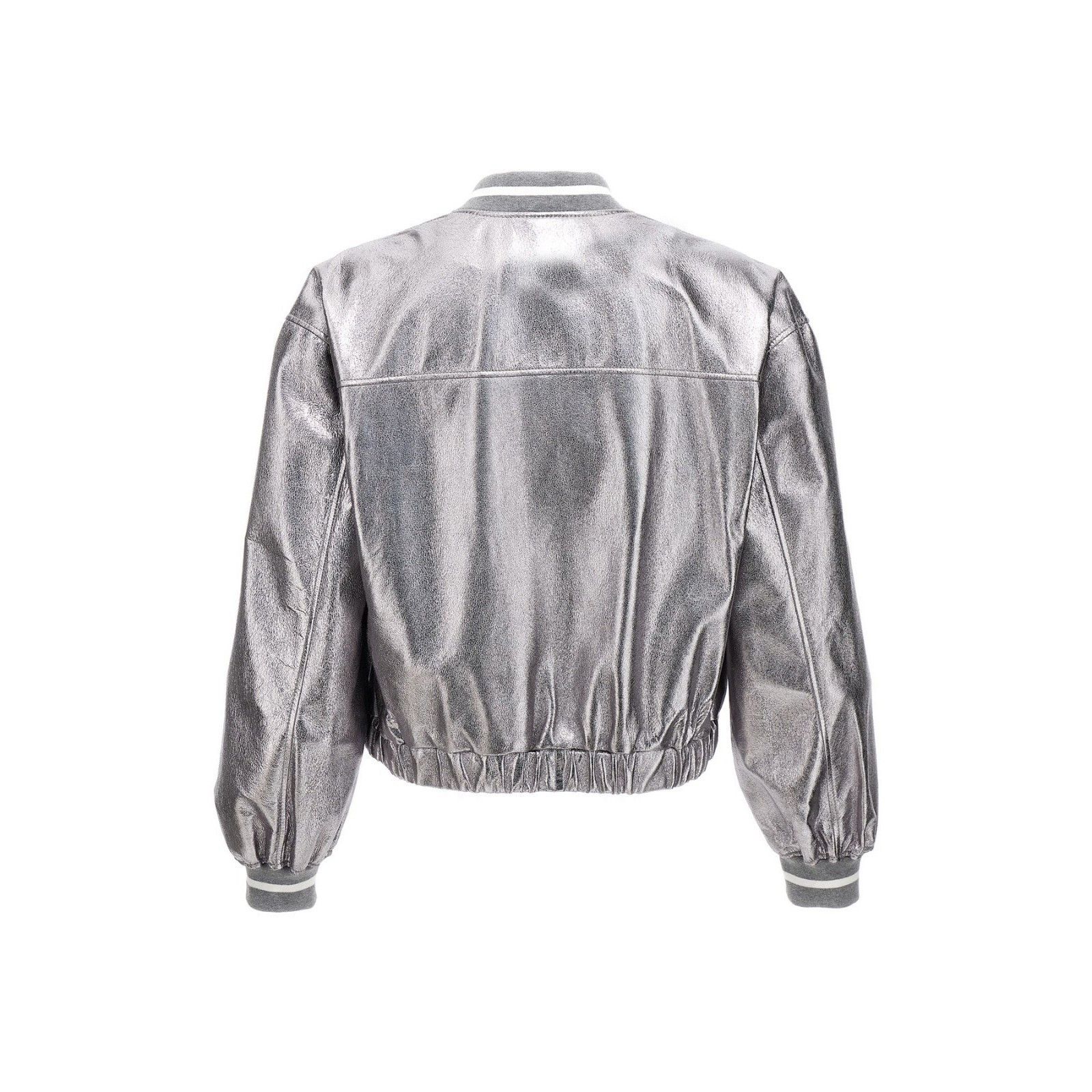 Brunello Cucinelli BRUNELLO CUCINELLI Silver Shiny Leather Bomber Jacket New & Size M / US 6-8 / IT 42-44 - 2 Thumbnail