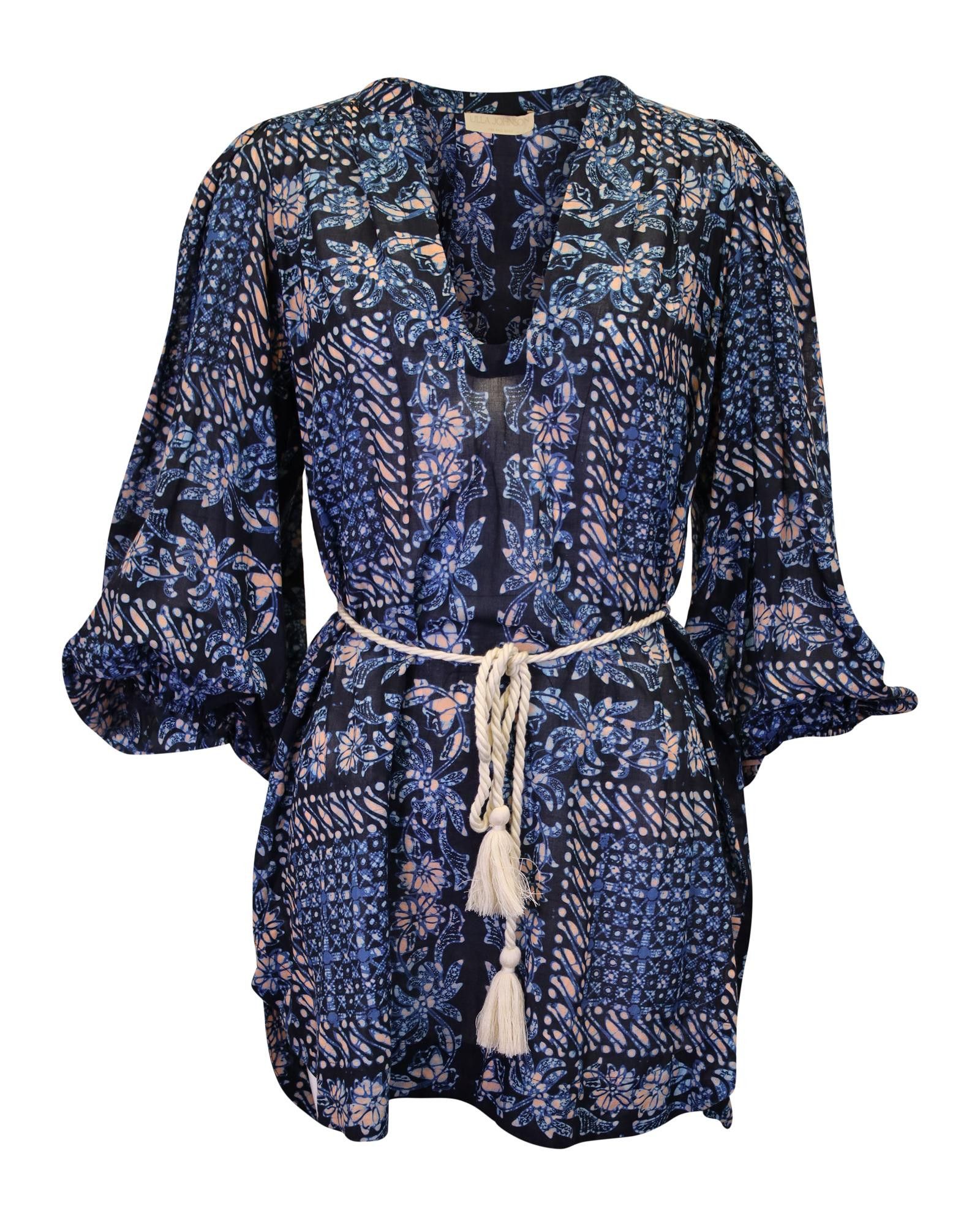 image of Ulla Johnson Belted Printed Cover-Up Mini Dress In Blue Cotton Viscose, Women's (Size Small)